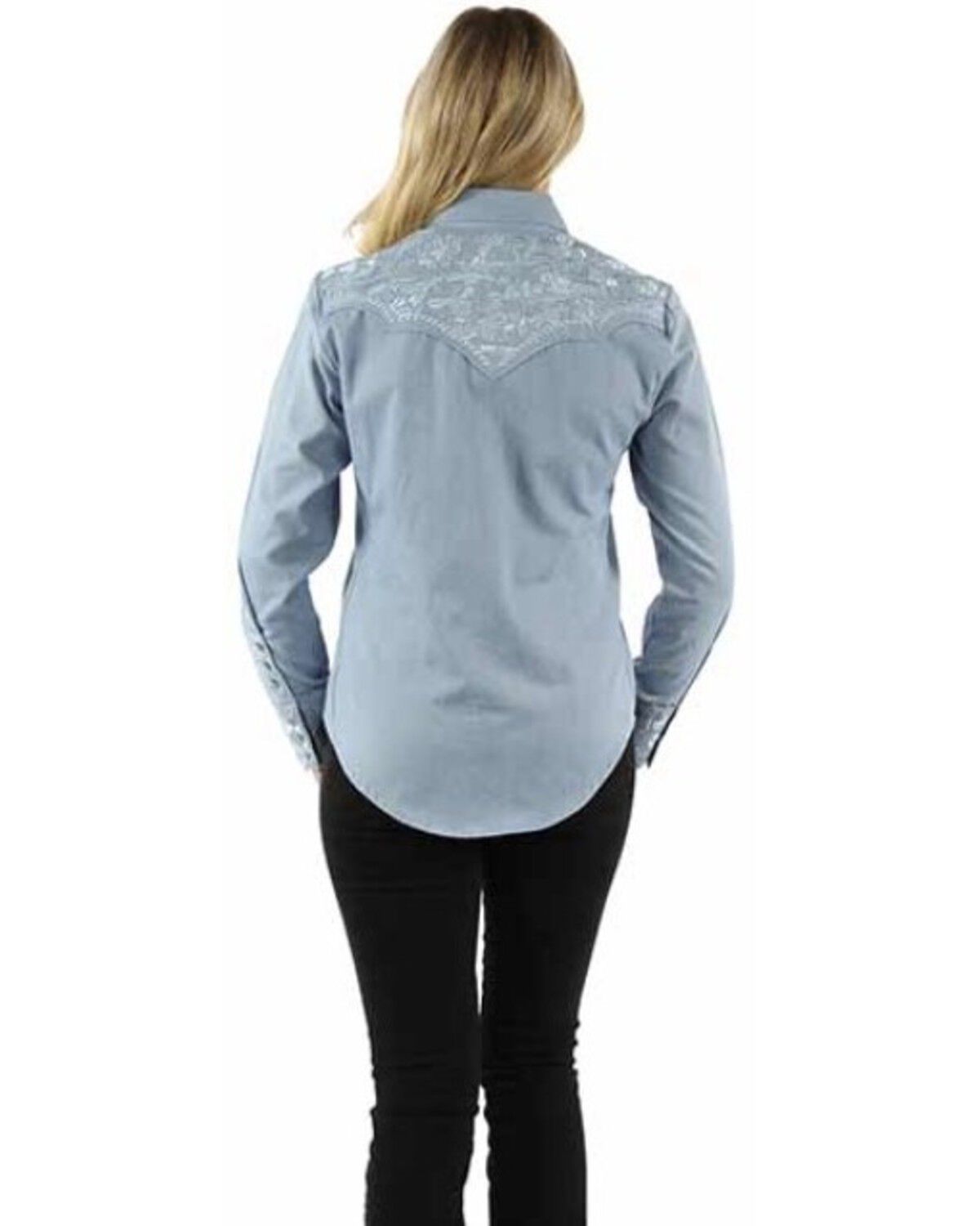 Image #2 - Scully Women's Floral Tonal Embroidered Long Sleeve Snap Western Shirt, Light Blue, hi-res