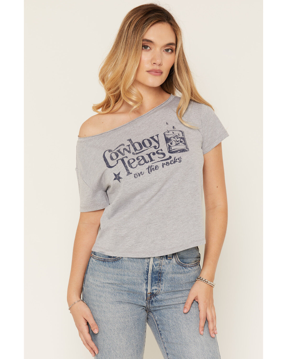 Image #1 - Youth in Revolt Women's Cowboy Tears Off The Shoulder Short Sleeve Graphic Tee, Grey, hi-res