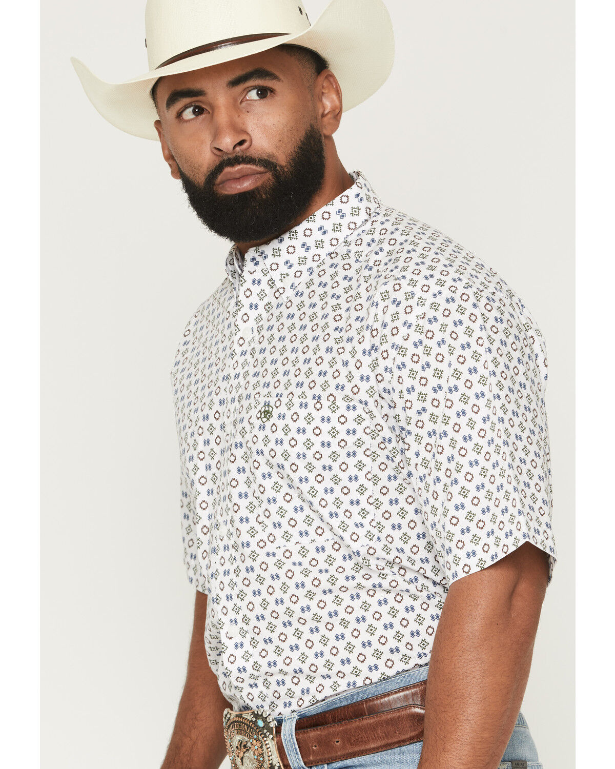 Image #2 - Ariat Men's Seton Geo Print Short Sleeve Button-Down Western Shirt, White, hi-res