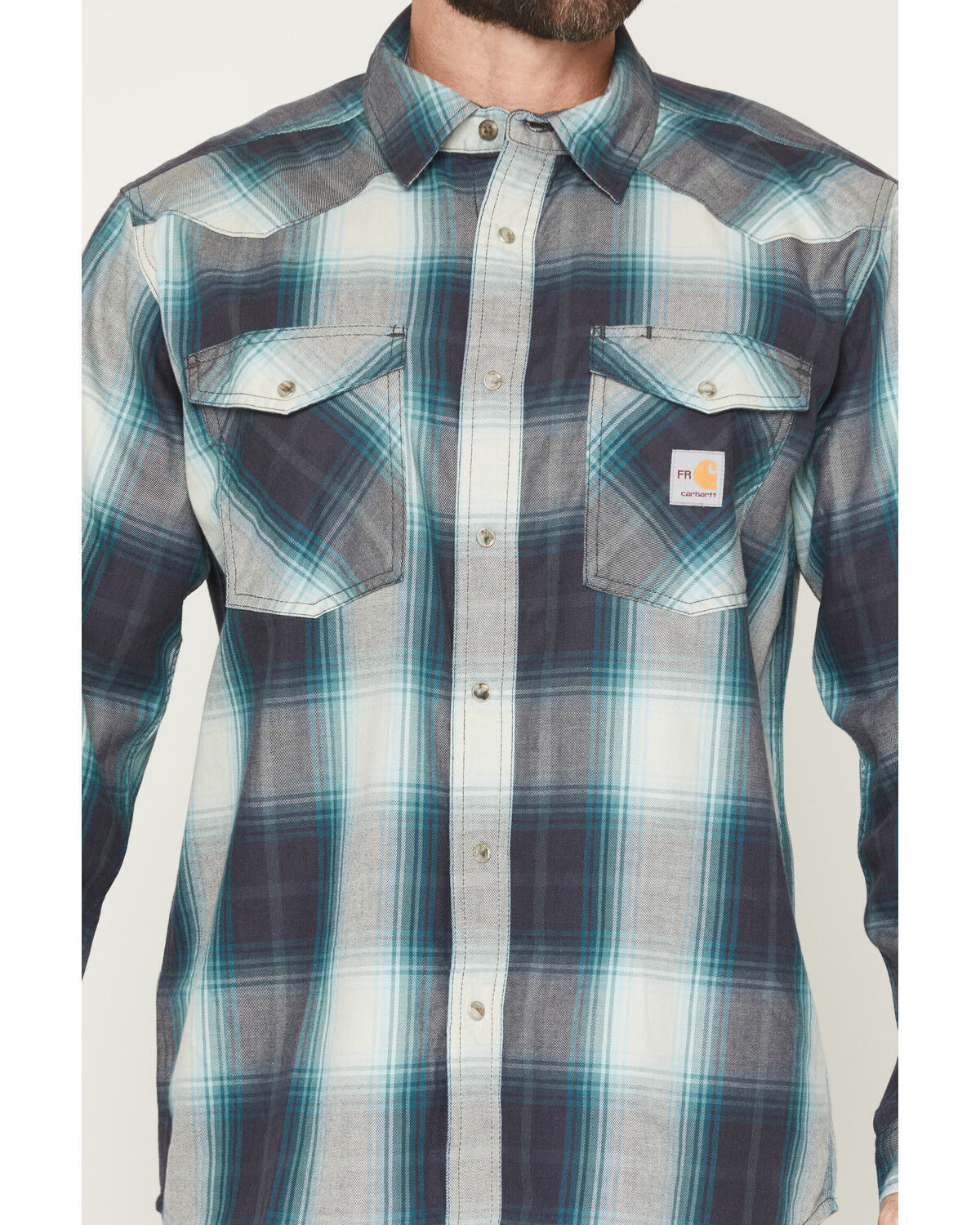 Image #3 - Carhartt Men's FR Montana Plaid Print Relaxed Fit Midweight Twill Long Sleeve Snap Work Shirt, Navy, hi-res