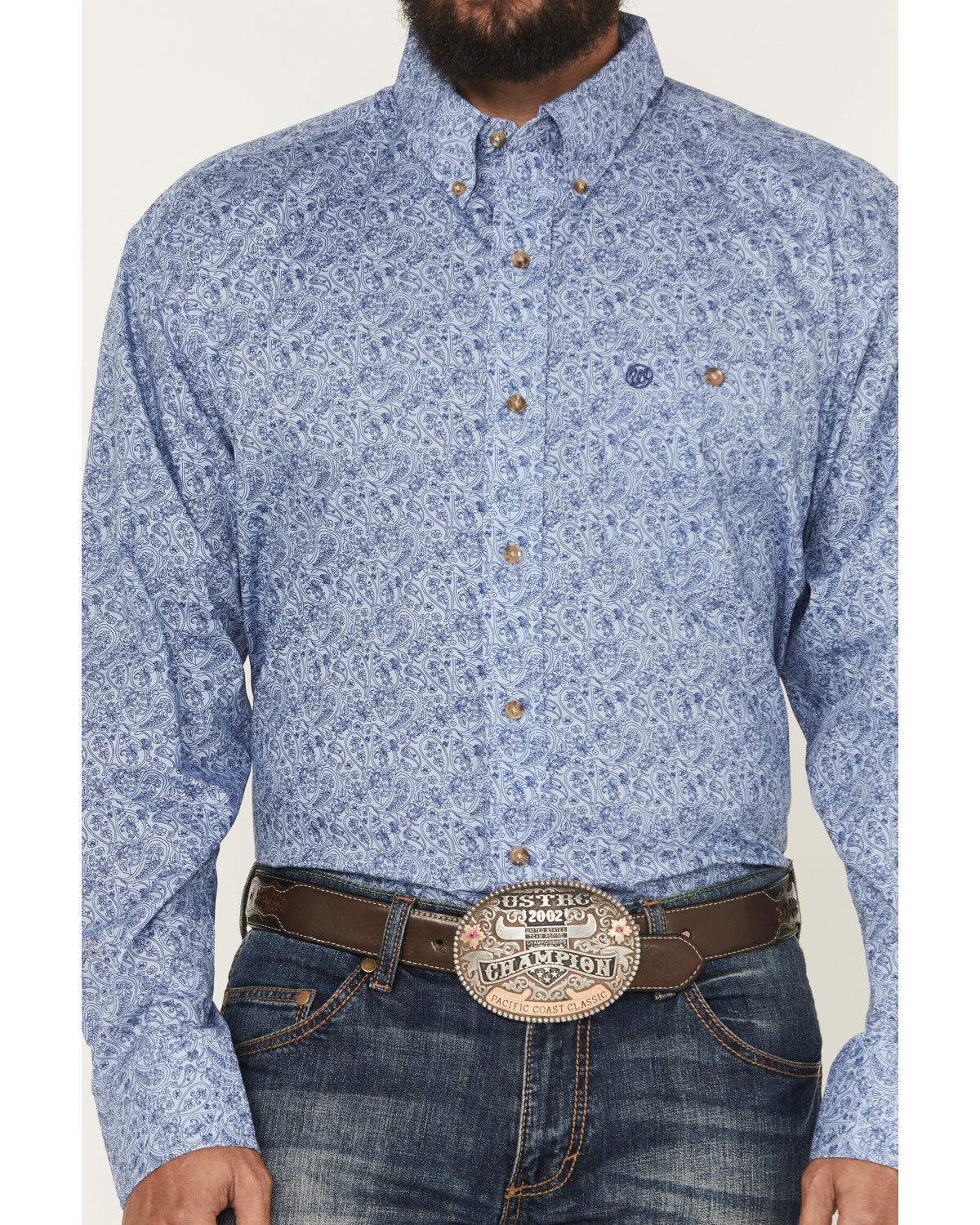 Image #3 - Wrangler Men's Paisley Print Long Sleeve Button-Down Stretch Western Shirt, Blue, hi-res