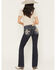 Image #1 - Miss Me Women's Medium Wash Mid Rise Fleur de Lis Pocket 30" Bootcut Stretch Denim Jeans, Medium Wash, hi-res