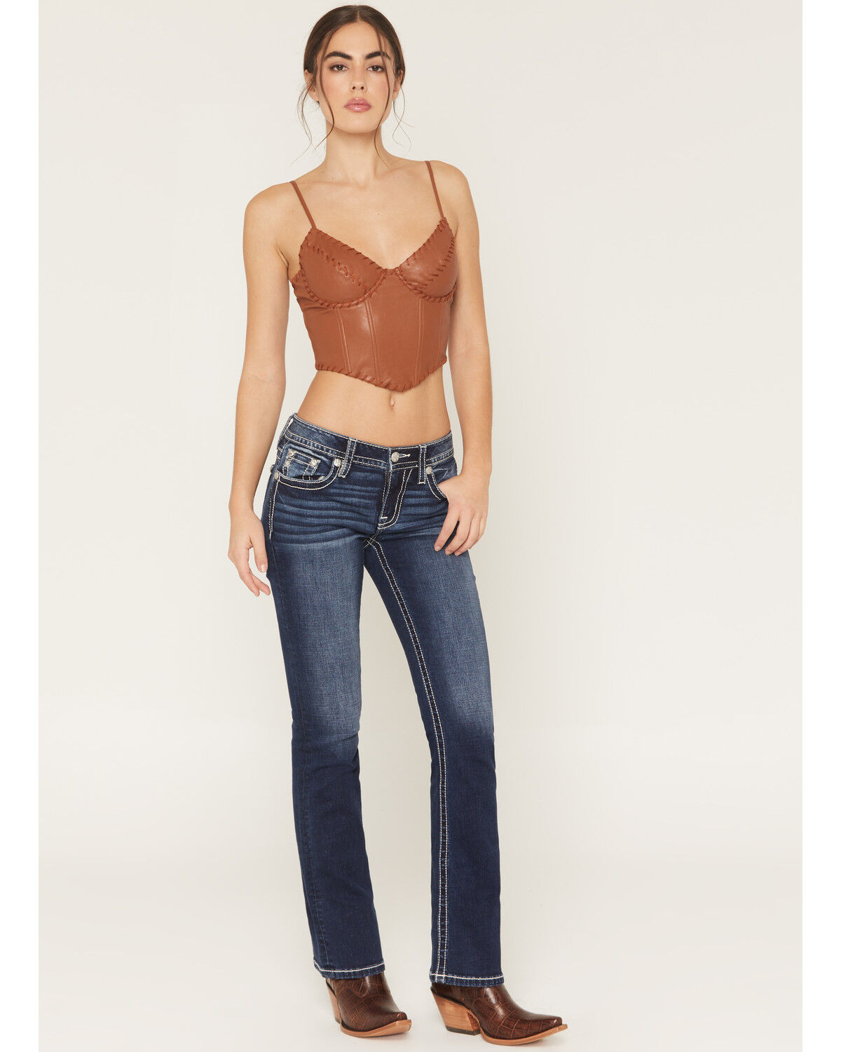 Image #3 - Miss Me Women's Dark Wash Mid Rise Steerhead Pocket 32" Bootcut Stretch Denim Jeans, Dark Wash, hi-res