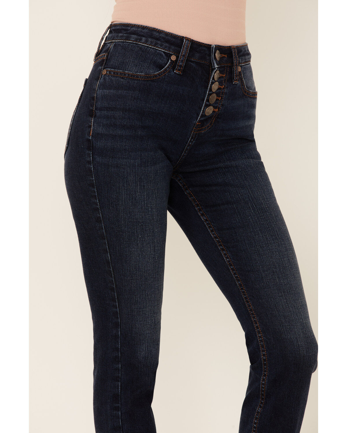 Image #2 - Shyanne Women's High Rise Fringe Hem Front Button Stretch Skinny Jeans, Dark Blue, hi-res