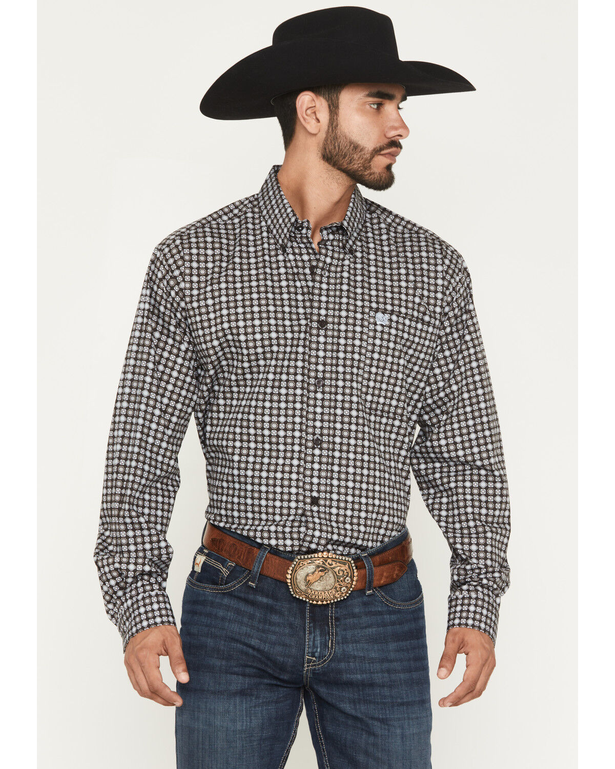 Cinch Men's Medallion Print Long Sleeve Button-Down Western Shirt, Brown, hi-res