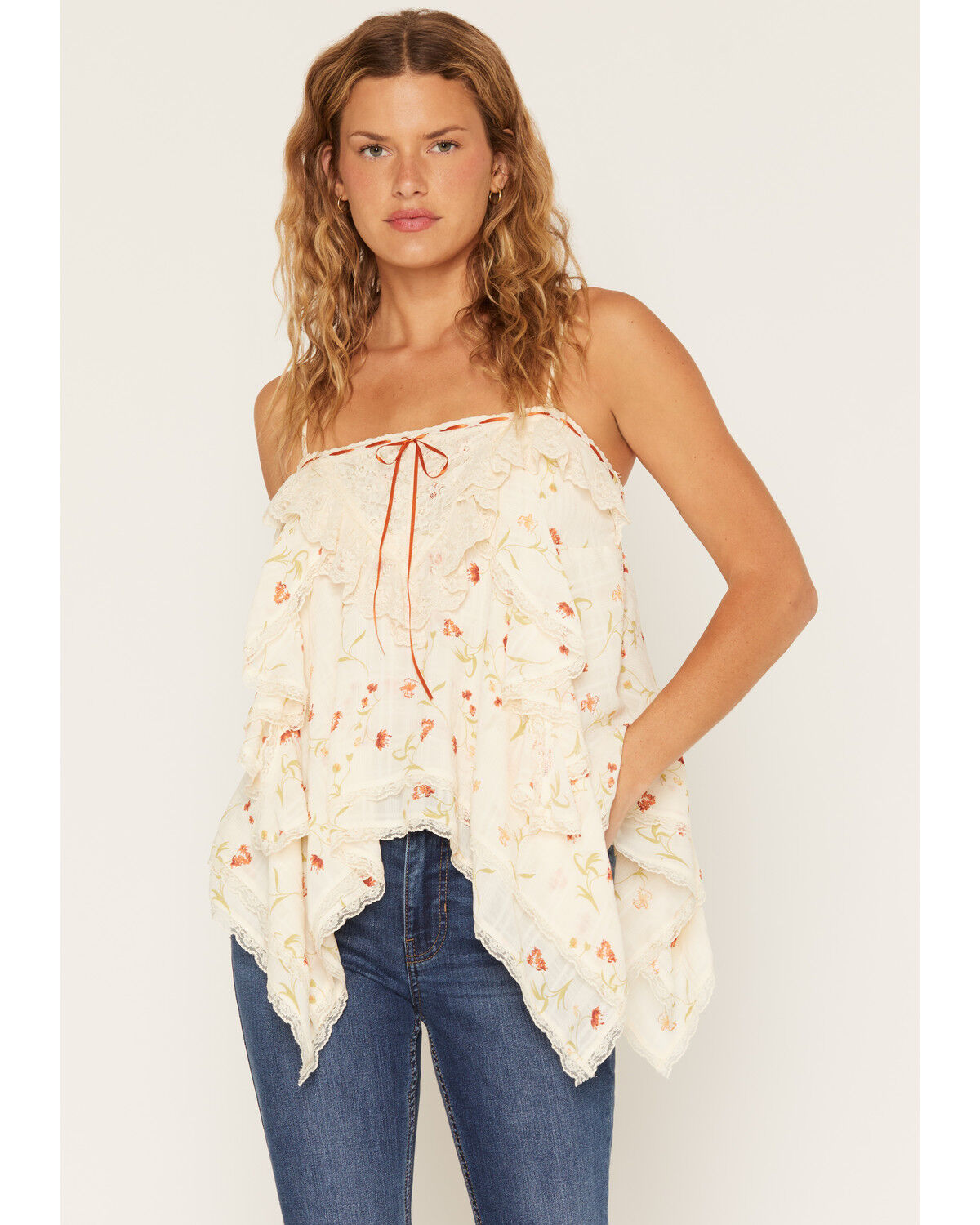 Wild Moss Women's Floral Print Lace Tank Top, Ivory, hi-res