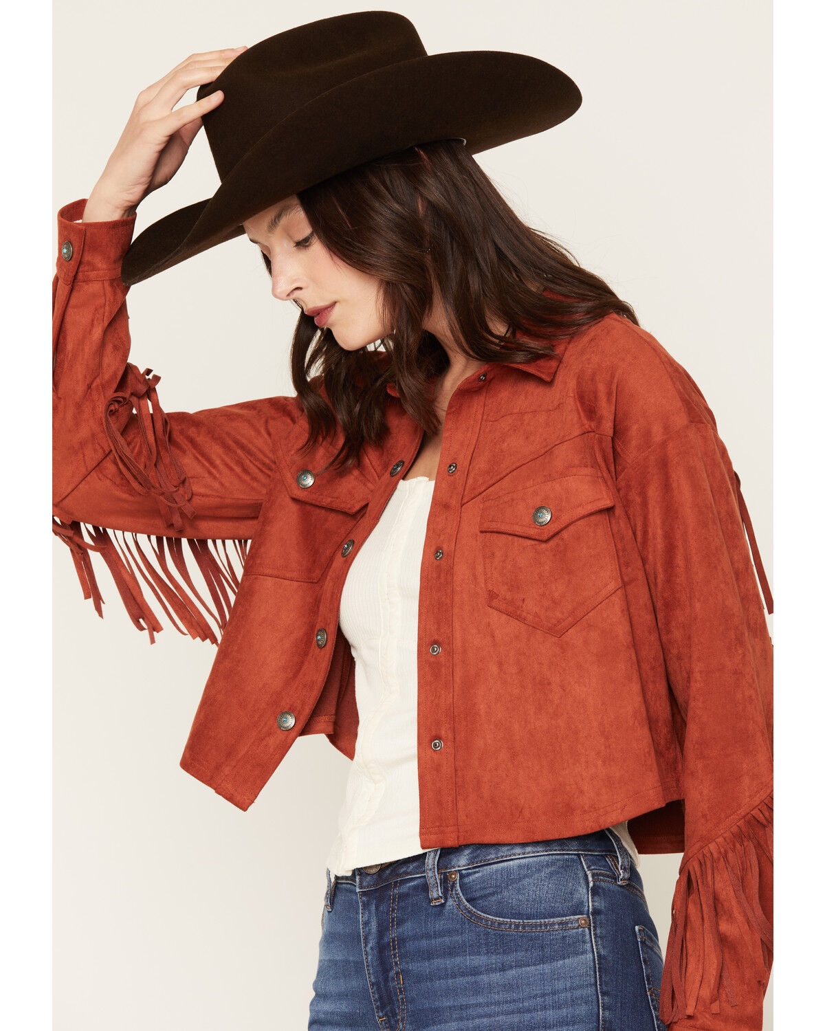 Image #2 - Shyanne Women's Sierra Faux Suede Trucker Jacket, Brick Red, hi-res