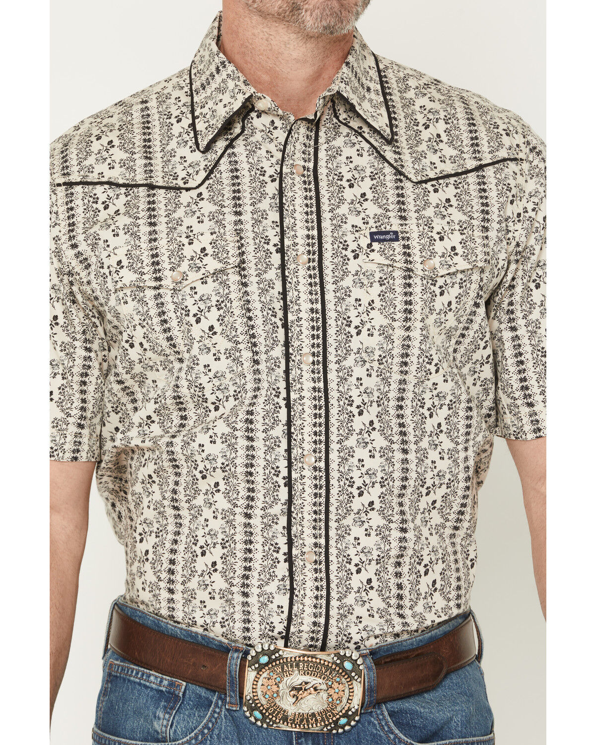 Image #3 - Wrangler Men's Vintage Brushpopper Floral Striped Print Short Sleeve Snap Western Shirt, Cream, hi-res