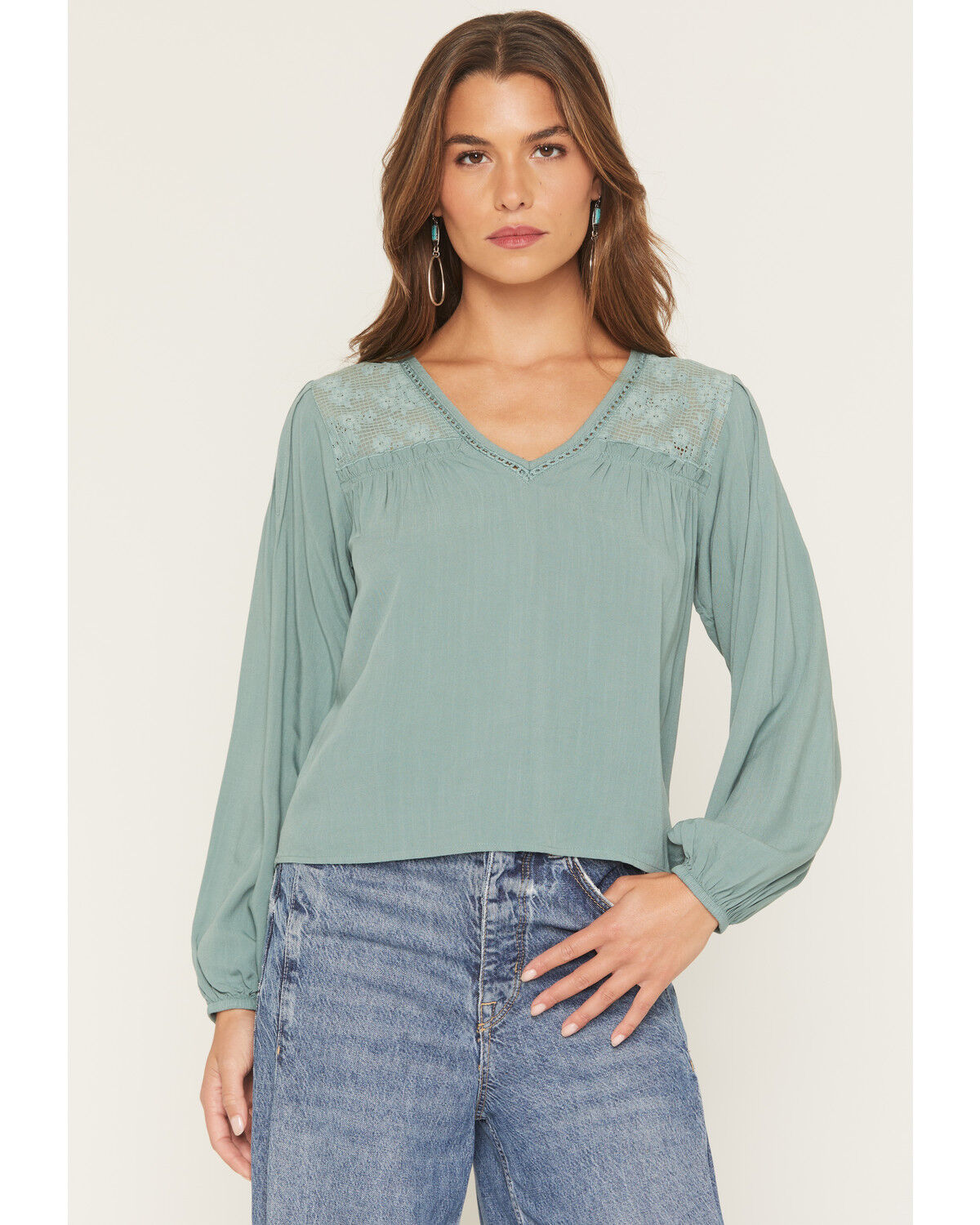 Eyeshadow Women's Long Sleeve Lace Contrast Peasant Top, Sage, hi-res