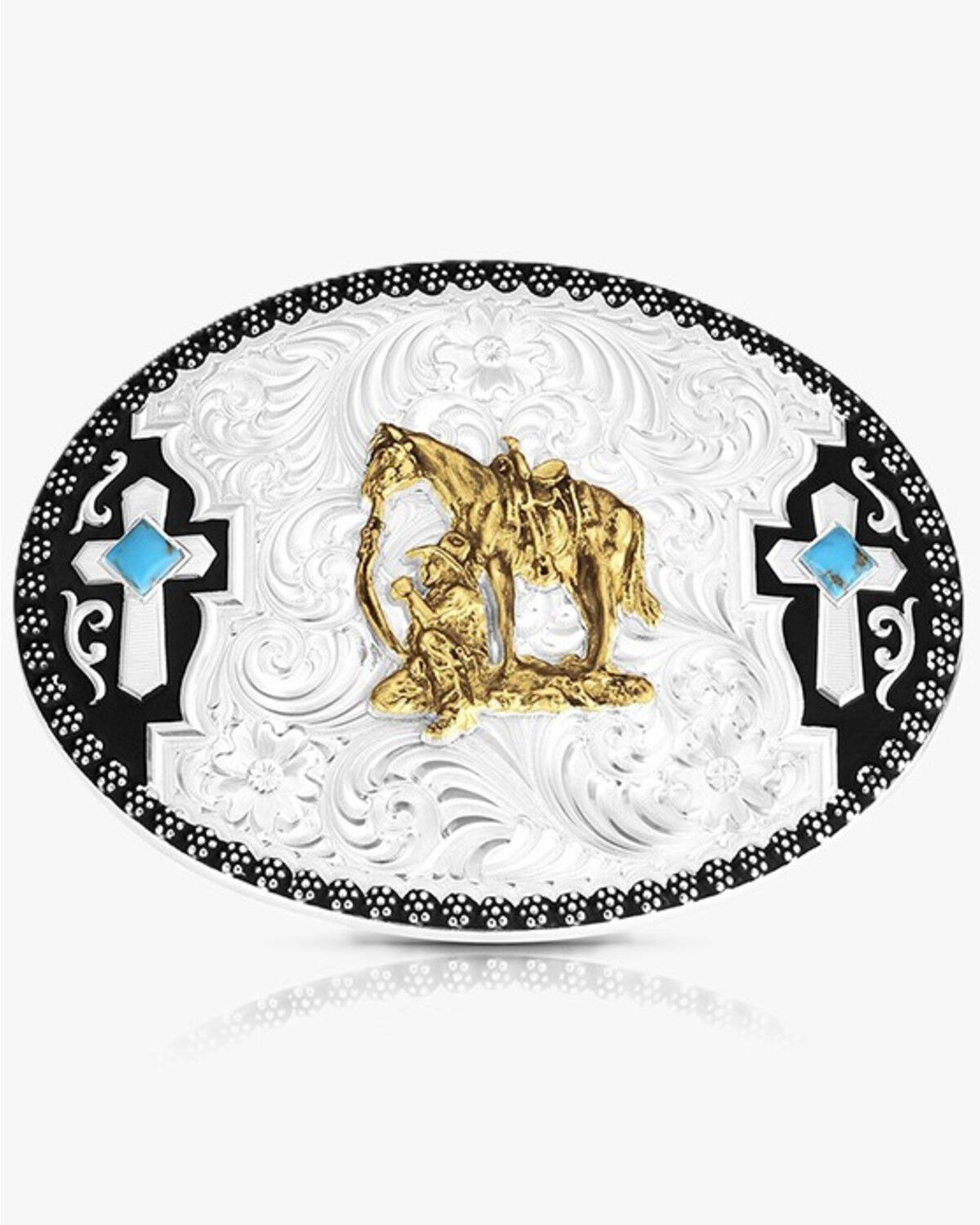 Montana Silversmiths Undeniable Faith Buckle with Praying Cowboy, Silver, hi-res