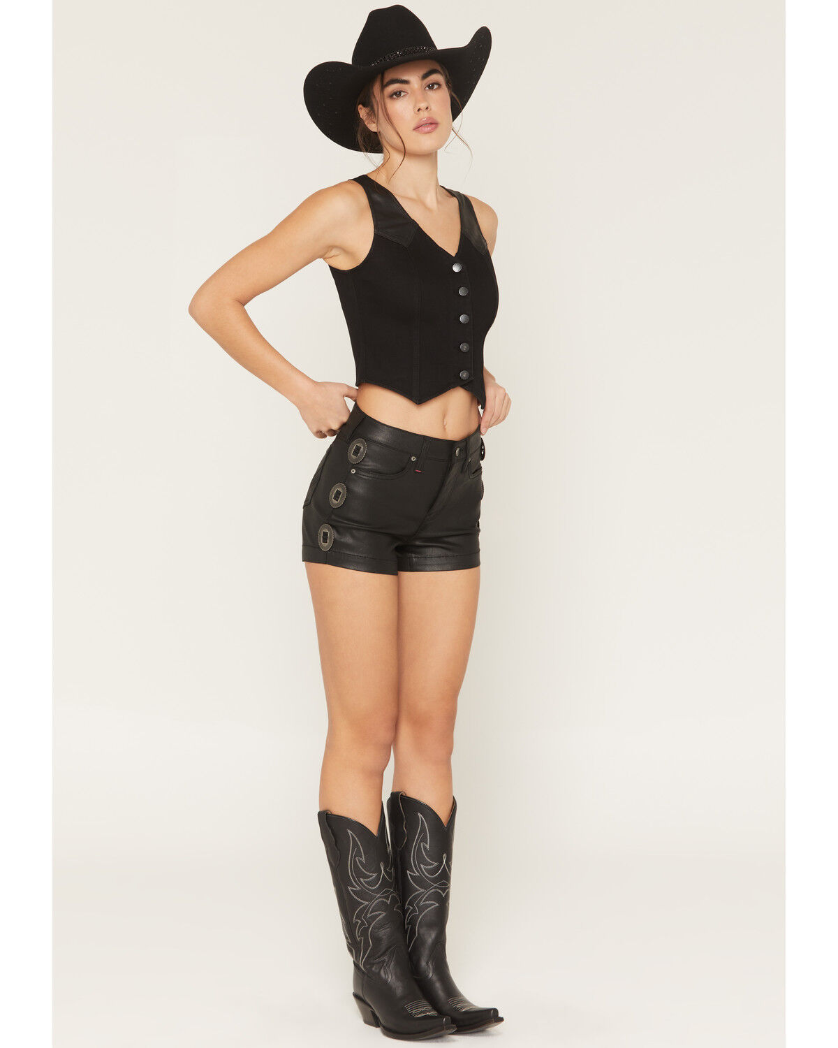 Idyllwind Women's Ellie High Rise Concho Trim Coated Shorts, Black, hi-res