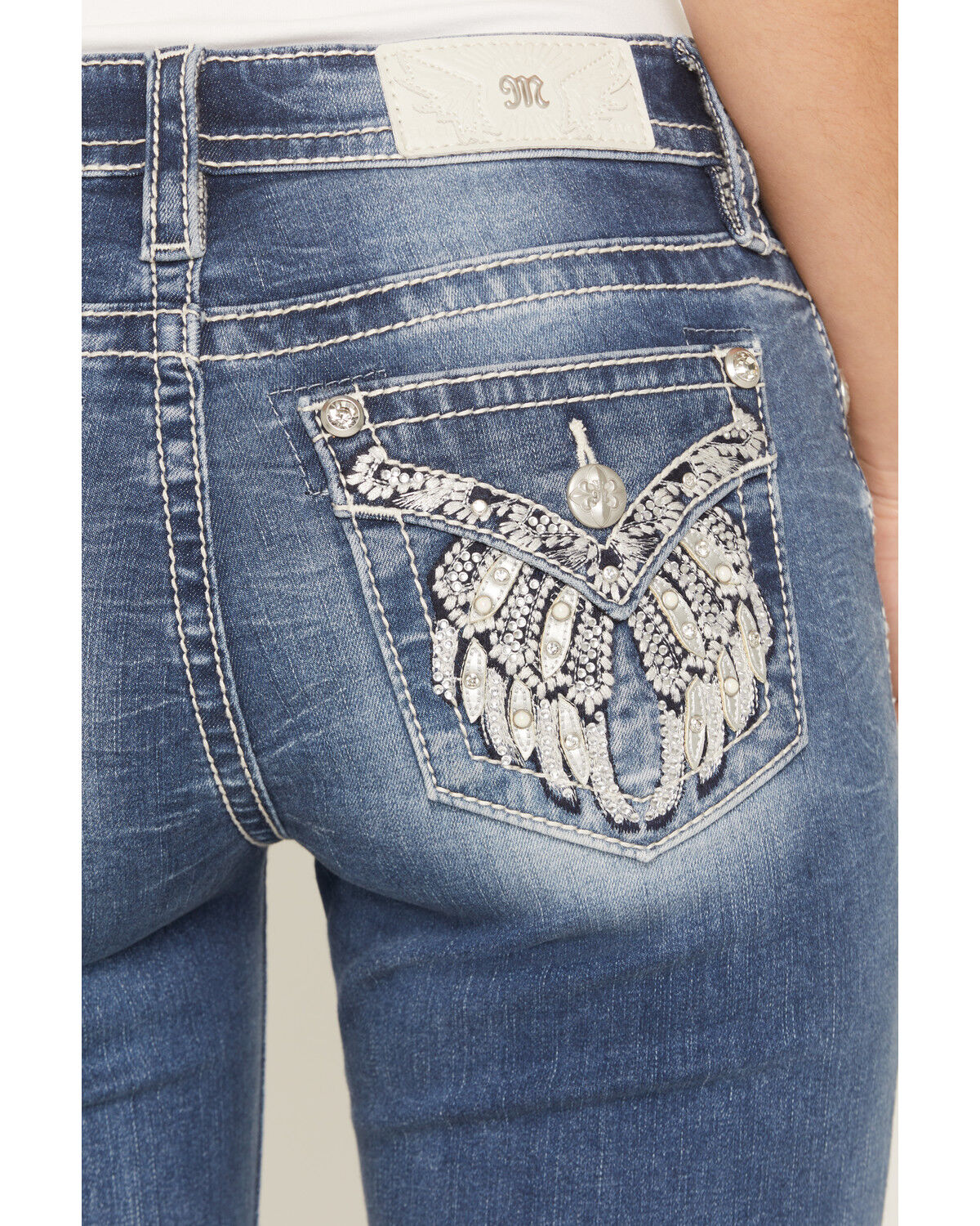 Image #2 - Miss Me Women's Dark Wash Mid Rise Winged Pocket 30" Bootcut Stretch Denim Jeans, Dark Wash, hi-res