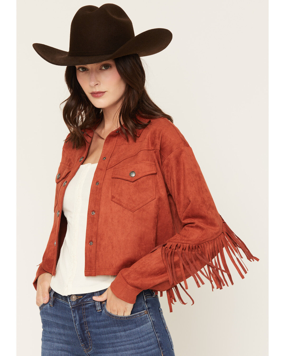 Image #1 - Shyanne Women's Sierra Faux Suede Trucker Jacket, Brick Red, hi-res
