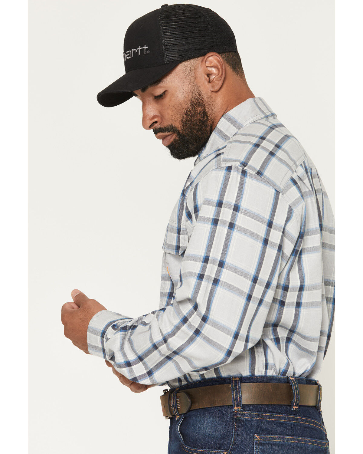 Image #2 - Carhartt Men's FR Plaid Print Long Sleeve Button-Down Work Shirt, Grey, hi-res
