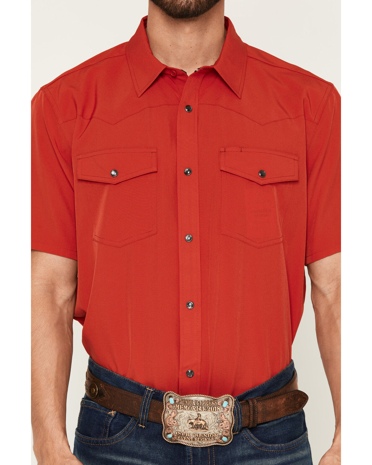 Image #3 - RANK 45&reg; Men's RODEOTEK&trade; 2.0 Ridge Solid Short Sleeve Pearl Snap Western Shirt, Red, hi-res