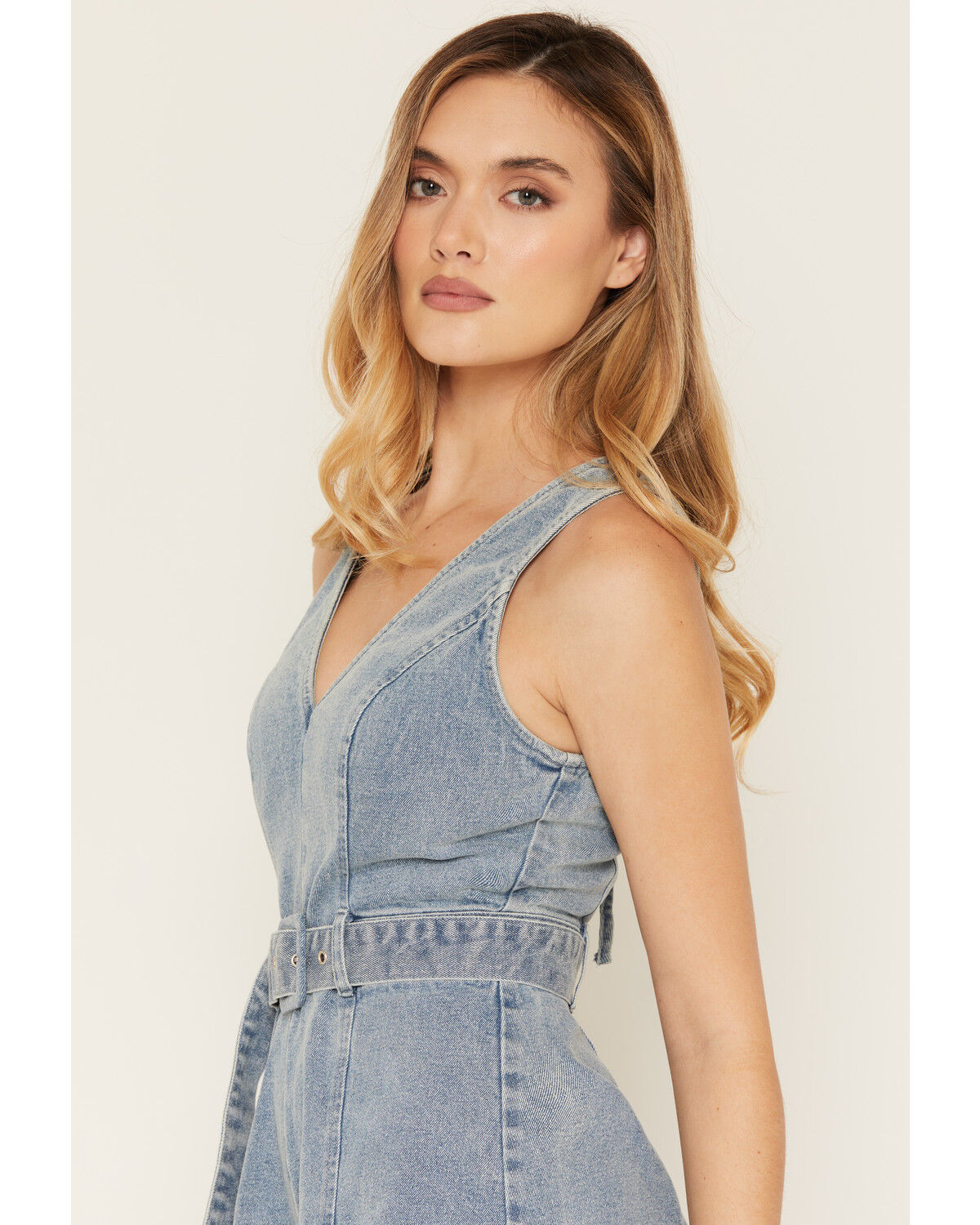 Image #2 - Cleo + Wolf Women's Light Wash Sleeveless Belted Denim Romper, Light Wash, hi-res