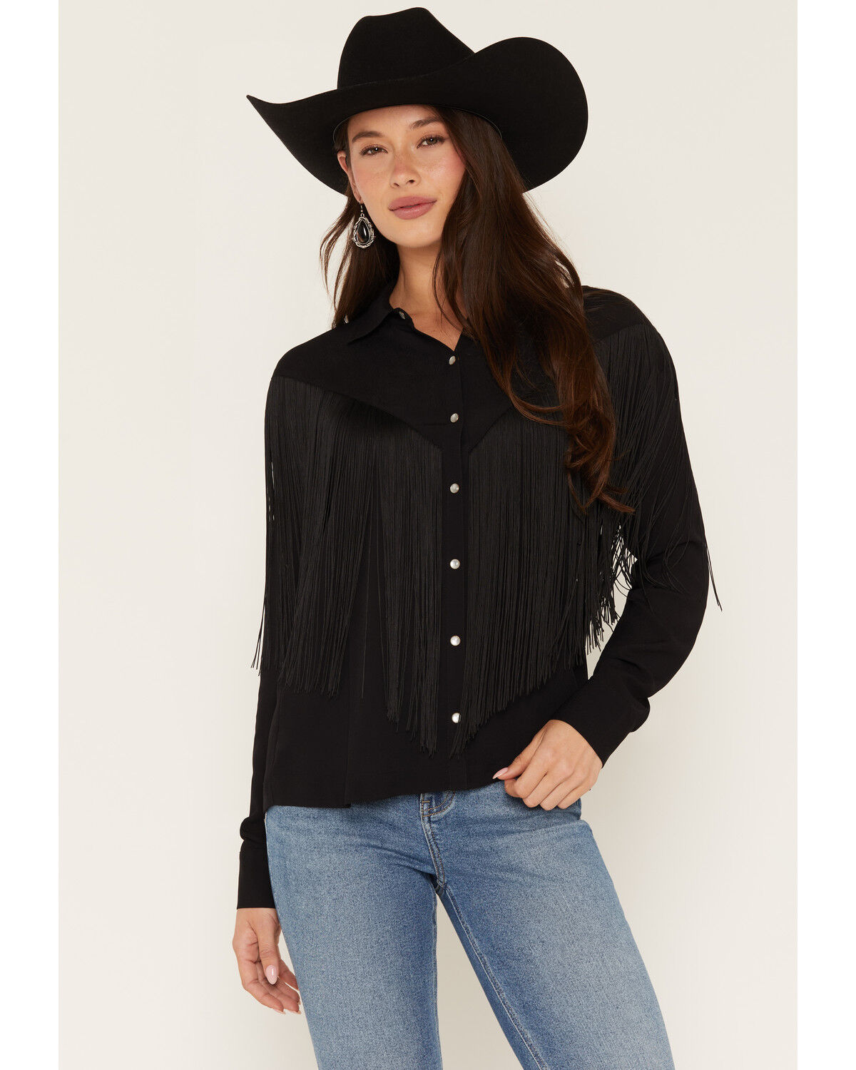 Image #1 - Idyllwind Women's Mailan Georgette Fringe Long Sleeve Blouse, Black, hi-res