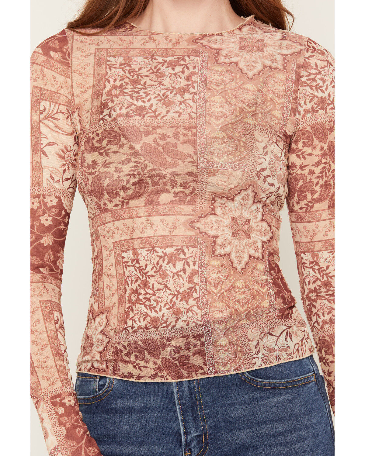 Image #3 - Ash & Violet Women's Bandana Print Long Sleeve Mesh Shirt, Rust Copper, hi-res