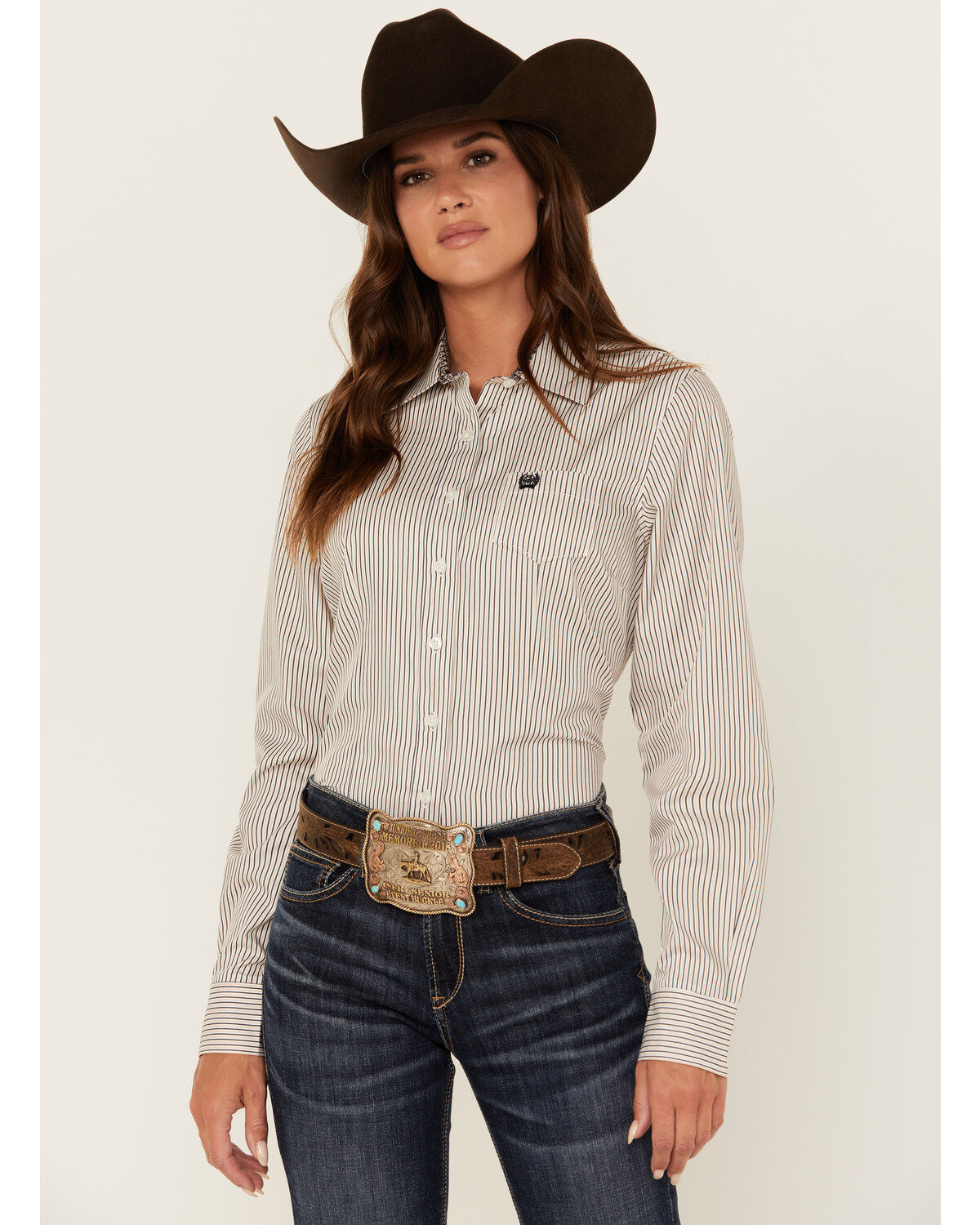 Cinch Women's TENCEL&trade; Striped Long Sleeve Button Down Western Shirt, Purple, hi-res