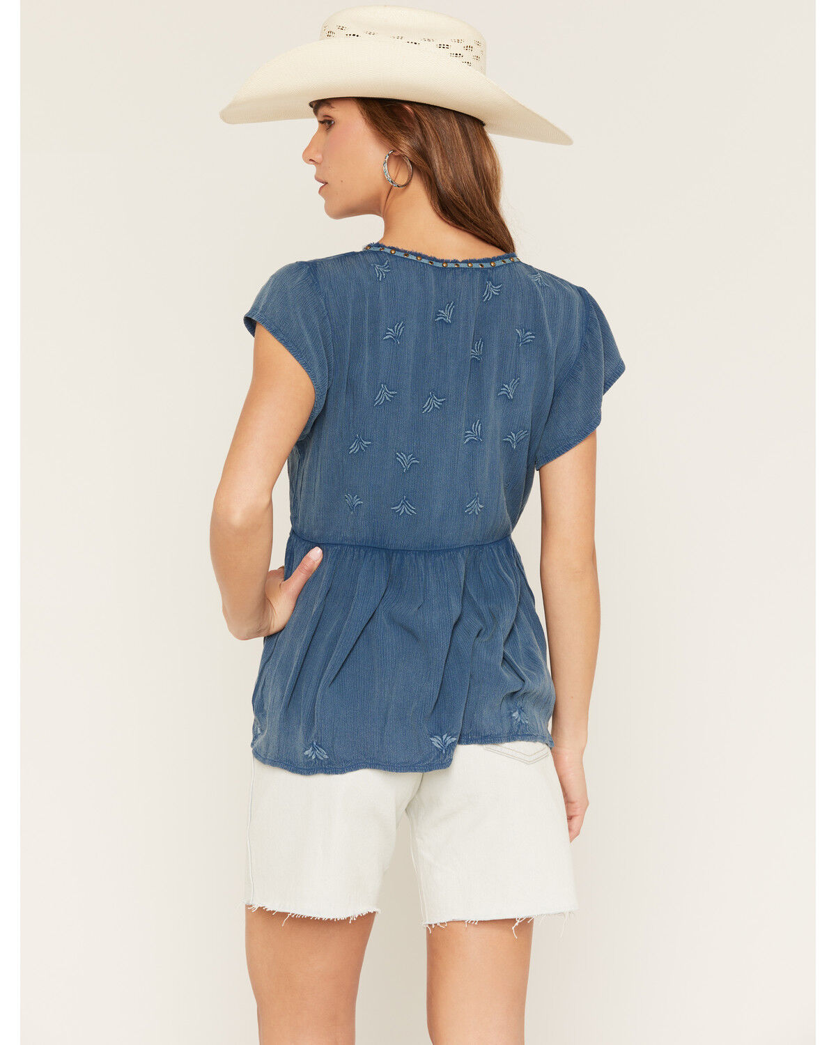 Image #4 - Shyanne Women's Embroidered Short Flutter Sleeve Shirt, Deep Blue, hi-res