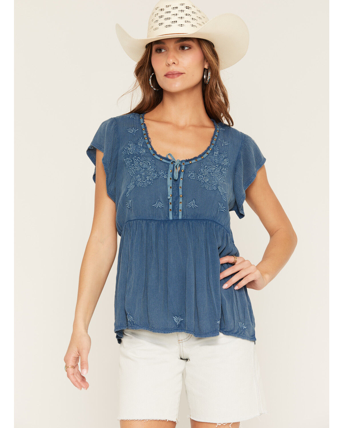 Image #1 - Shyanne Women's Embroidered Short Flutter Sleeve Shirt, Deep Blue, hi-res