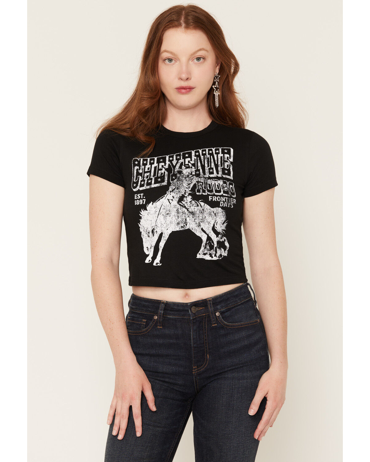 Alpha Collective Women's Cheyenne Rodeo Short Sleeve Baby Tee, Black, hi-res