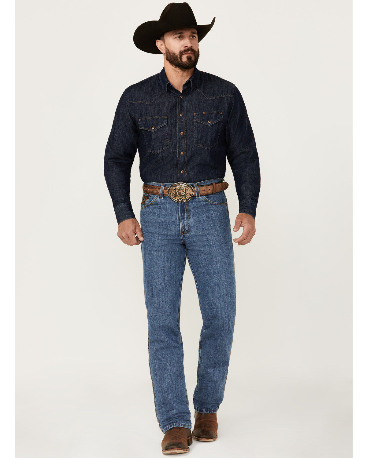 Cinch Men's Bronze Label Medium Wash Slim Fit Tapered Denim Jeans, Blue, hi-res