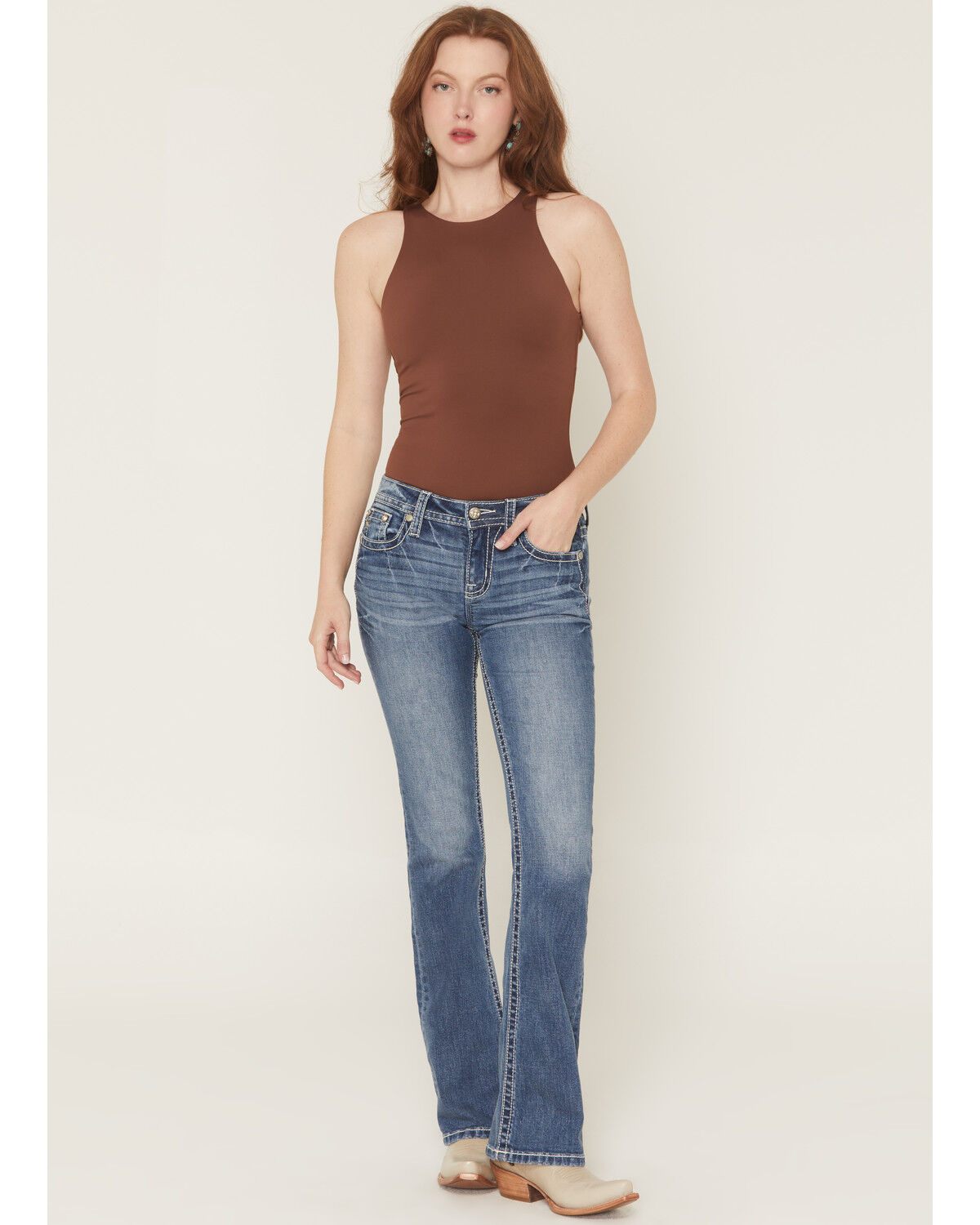 Image #3 - Miss Me Women's Medium Wash Mid Rise Geo Pocket 32" Bootcut Stretch Denim Jeans, Medium Wash, hi-res