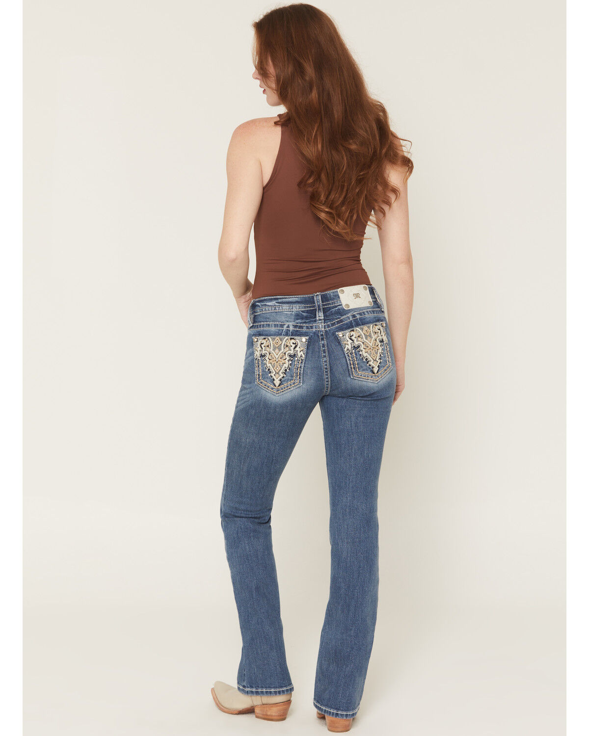 Miss Me Women's Medium Wash Mid Rise Geo Pocket 32" Bootcut Stretch Denim Jeans, Medium Wash, hi-res