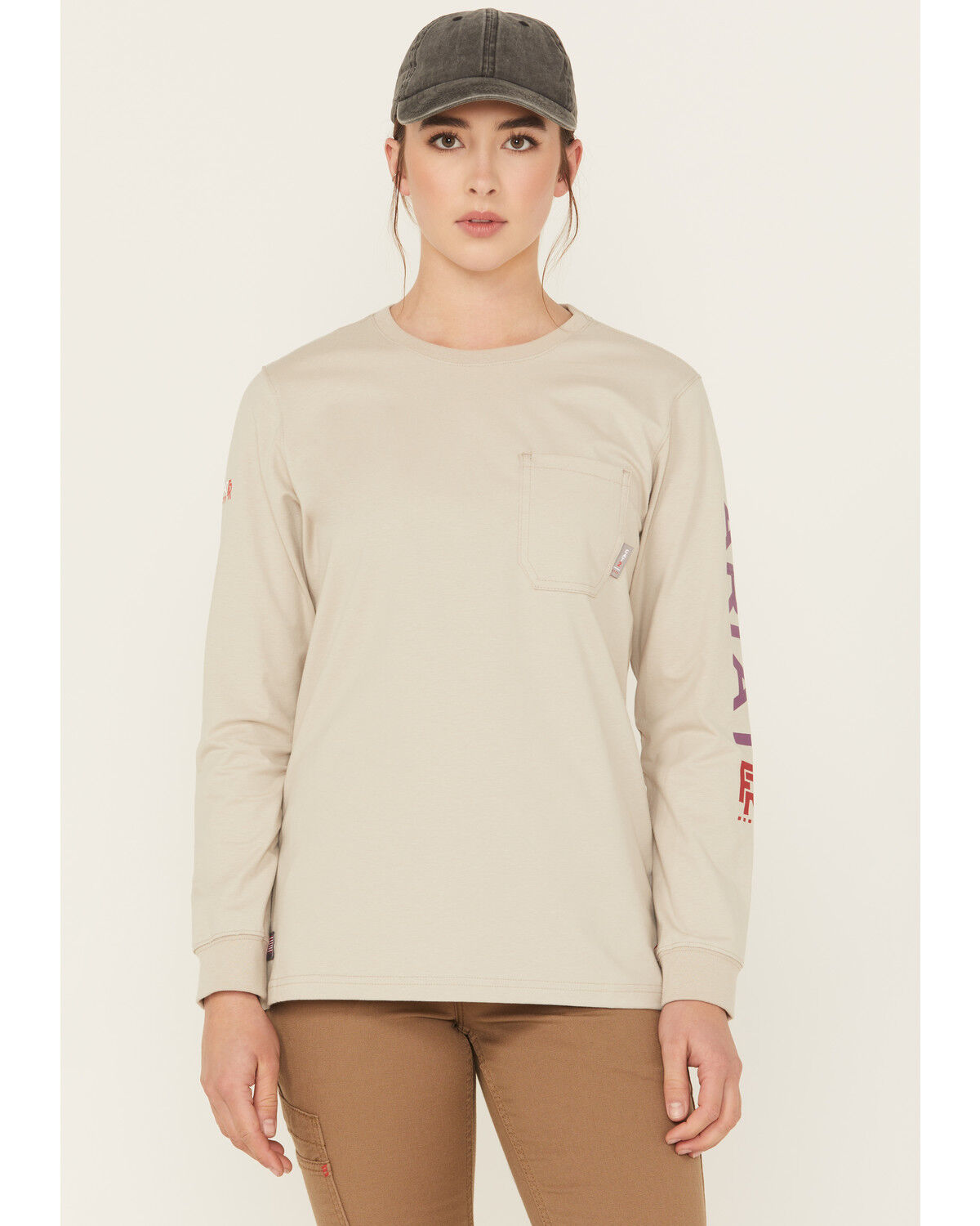 Ariat Women's FR Stretch Logo Long Sleeve Work Tee, Brown, hi-res