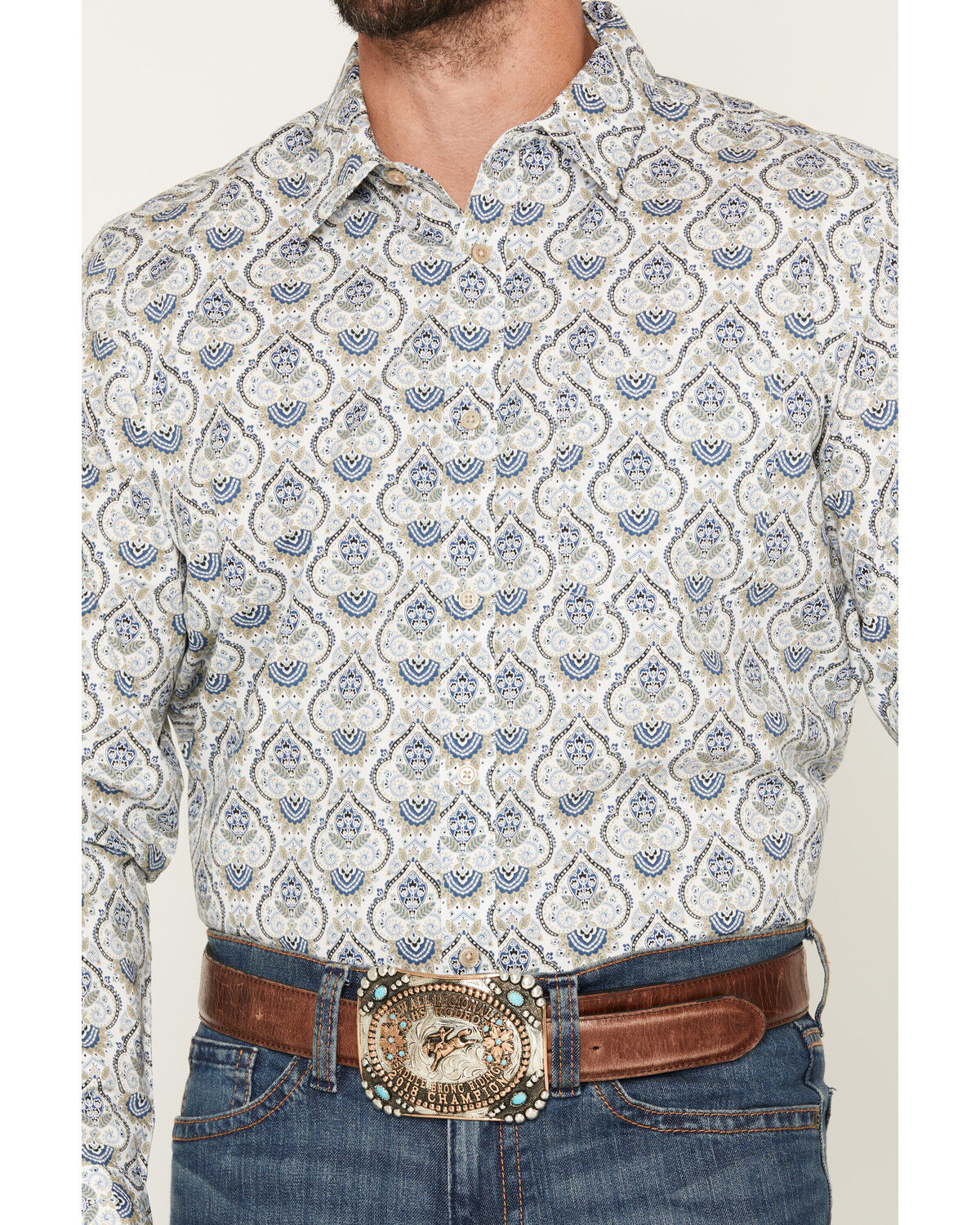 Image #3 - Gibson Trading Co Men's Barely Broke Medallion Print Long Sleeve Button-Down Western Shirt, Blue, hi-res