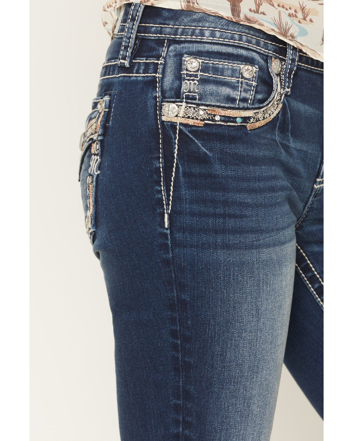 Image #4 - Miss Me Women's Medium Wash Mid Rise Border Pocket 30" Bootcut Stretch Denim Jeans, Medium Wash, hi-res