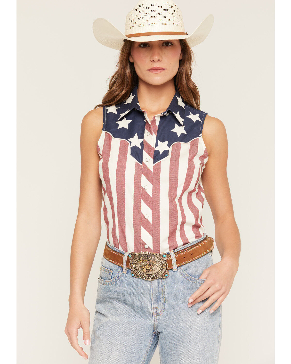 Rock & Roll Denim Women's Americana Sleeveless Snap Stretch Western Shirt, Multi, hi-res