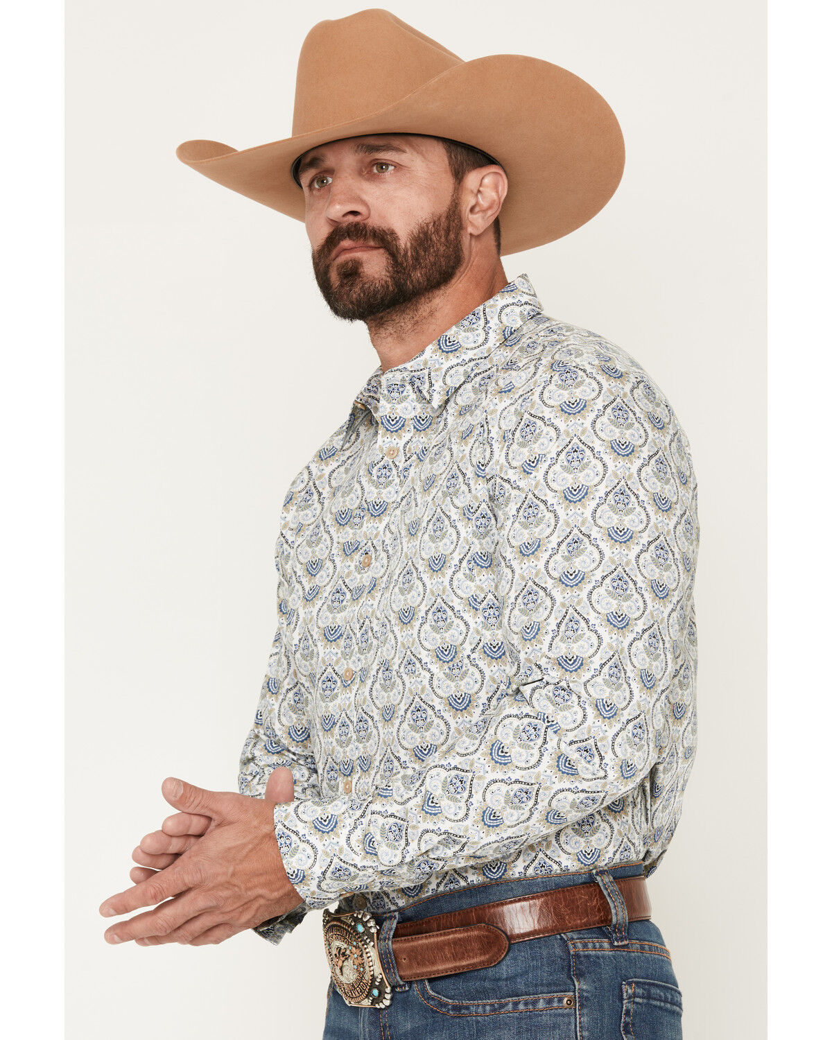 Image #2 - Gibson Trading Co Men's Barely Broke Medallion Print Long Sleeve Button-Down Western Shirt, Blue, hi-res