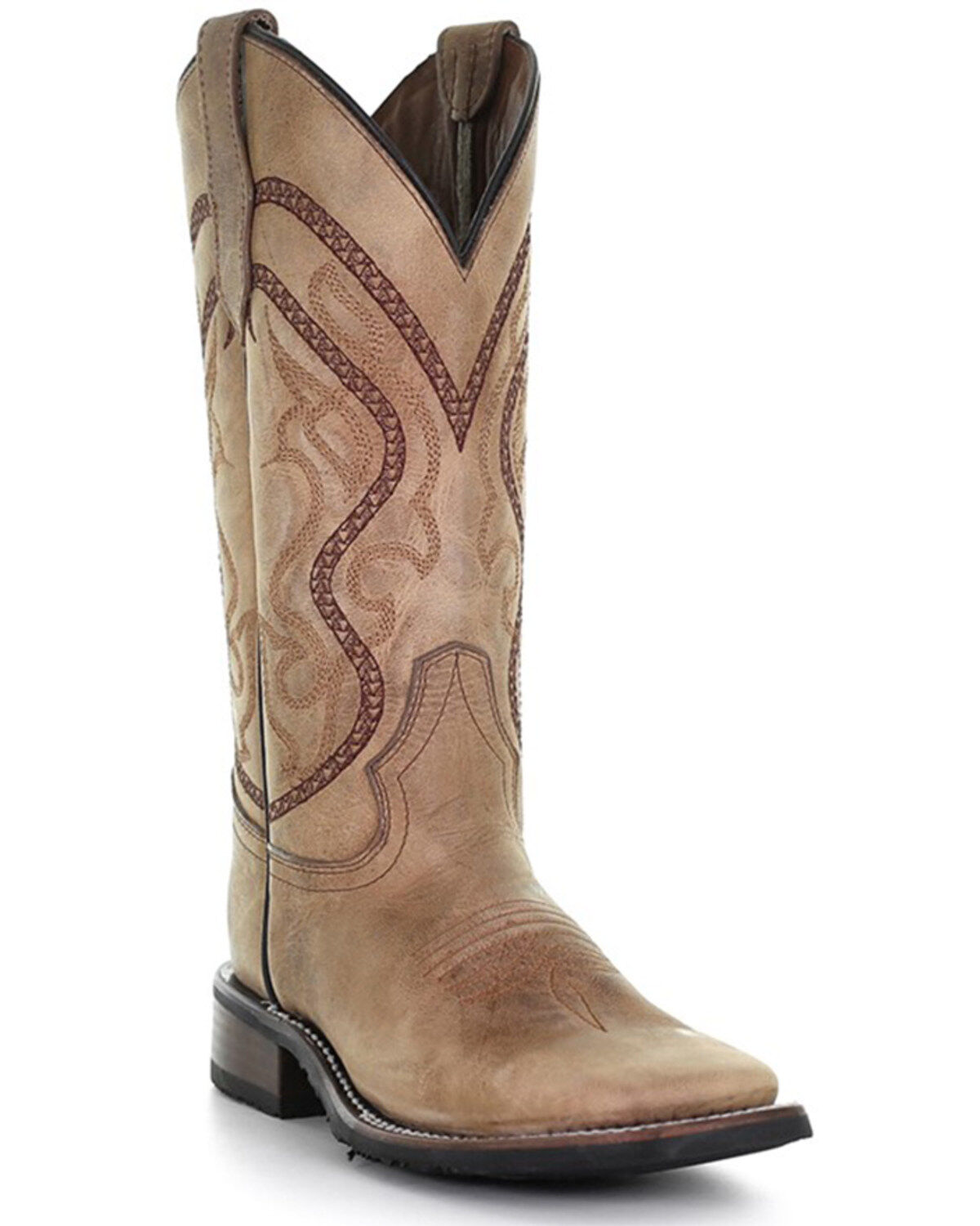 Circle G Women's Saddle Embroidered Leather Western Boot - Broad Square Toe, Tan, hi-res