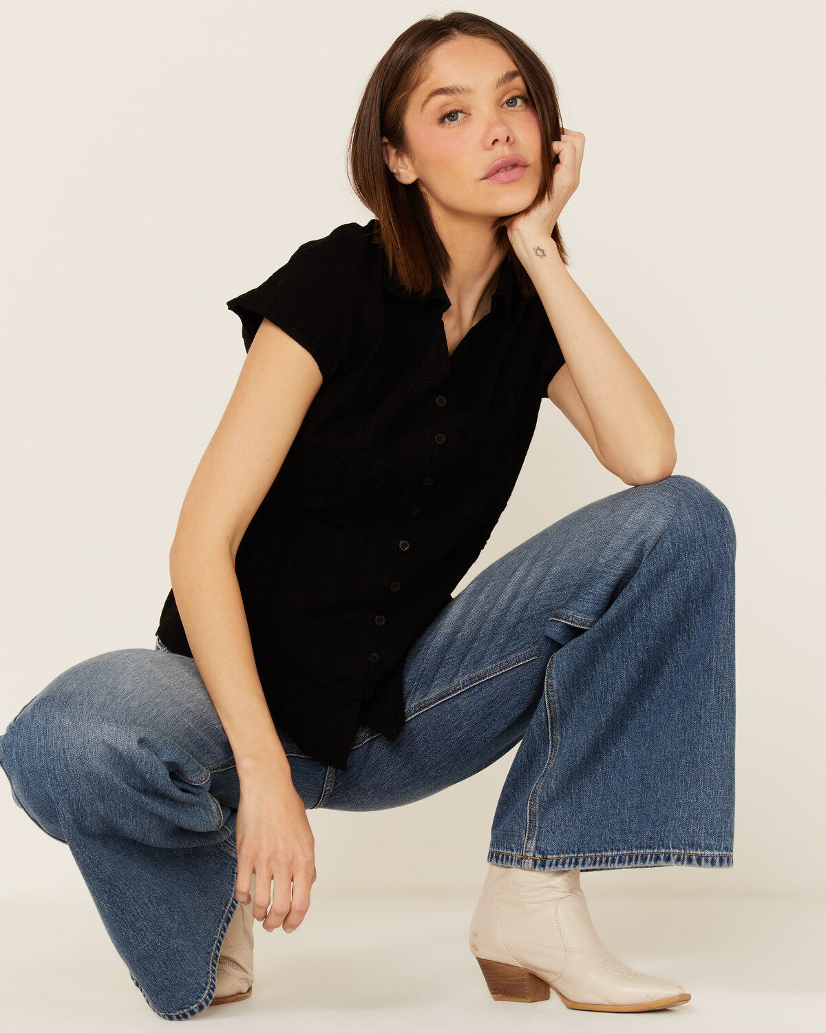 Image #1 - Scully Women's Cap Sleeve Cantina Shirt, Black, hi-res