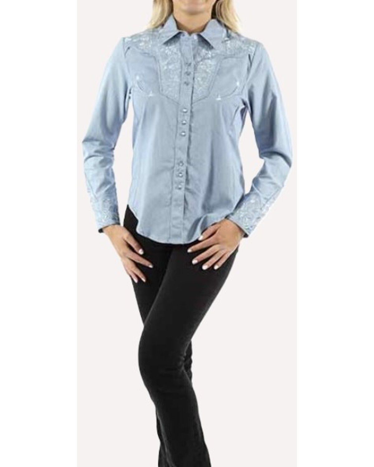 Scully Women's Floral Tonal Embroidered Long Sleeve Snap Western Shirt, Light Blue, hi-res
