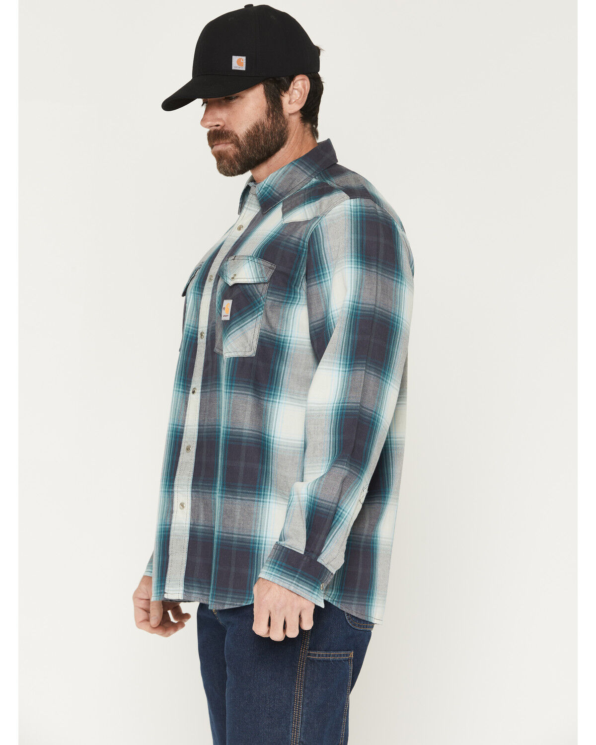 Image #2 - Carhartt Men's FR Montana Plaid Print Relaxed Fit Midweight Twill Long Sleeve Snap Work Shirt, Navy, hi-res