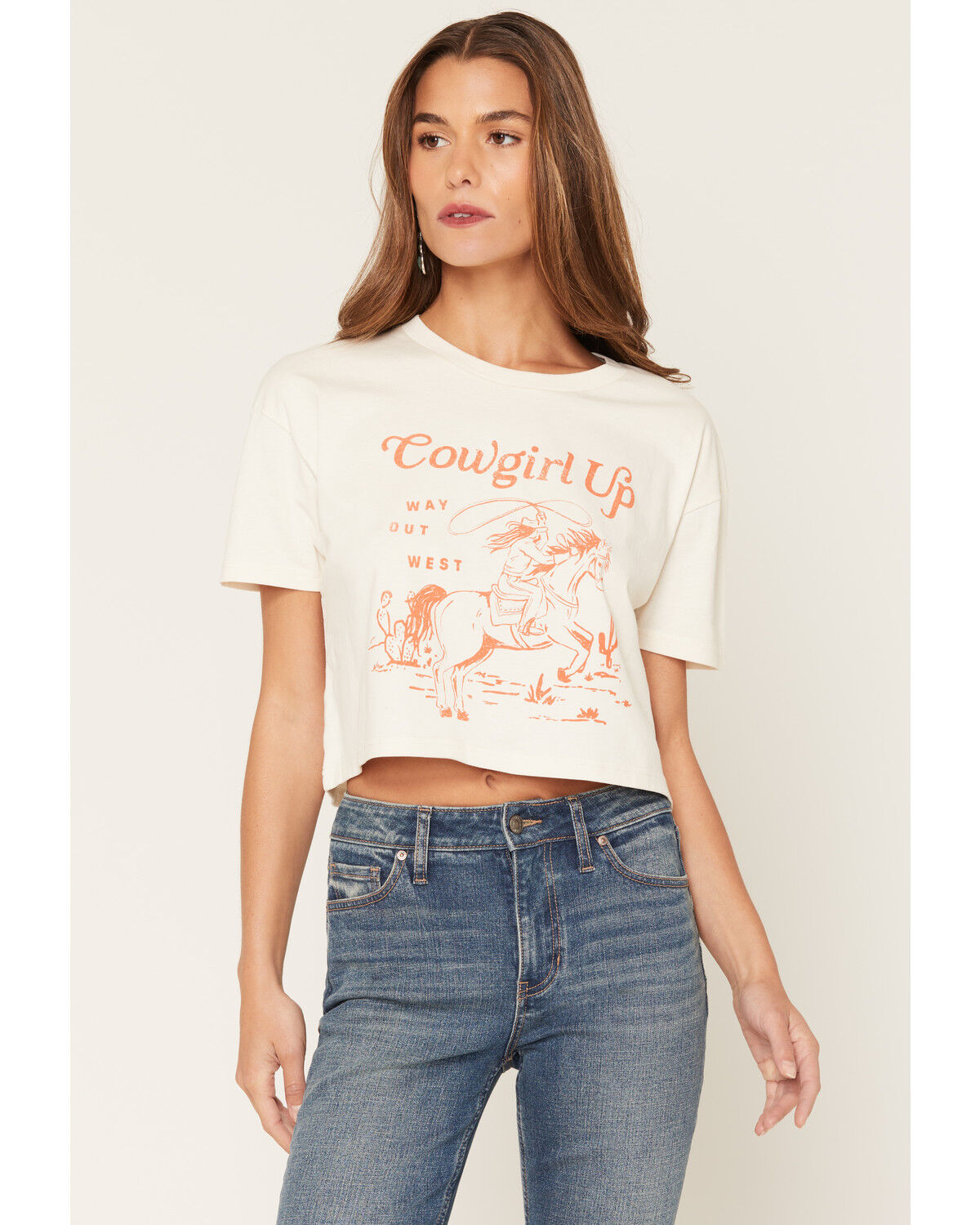 Cowgirl Up Women's Way Out West Short Sleeve Cropped Graphic Tee, Cream, hi-res