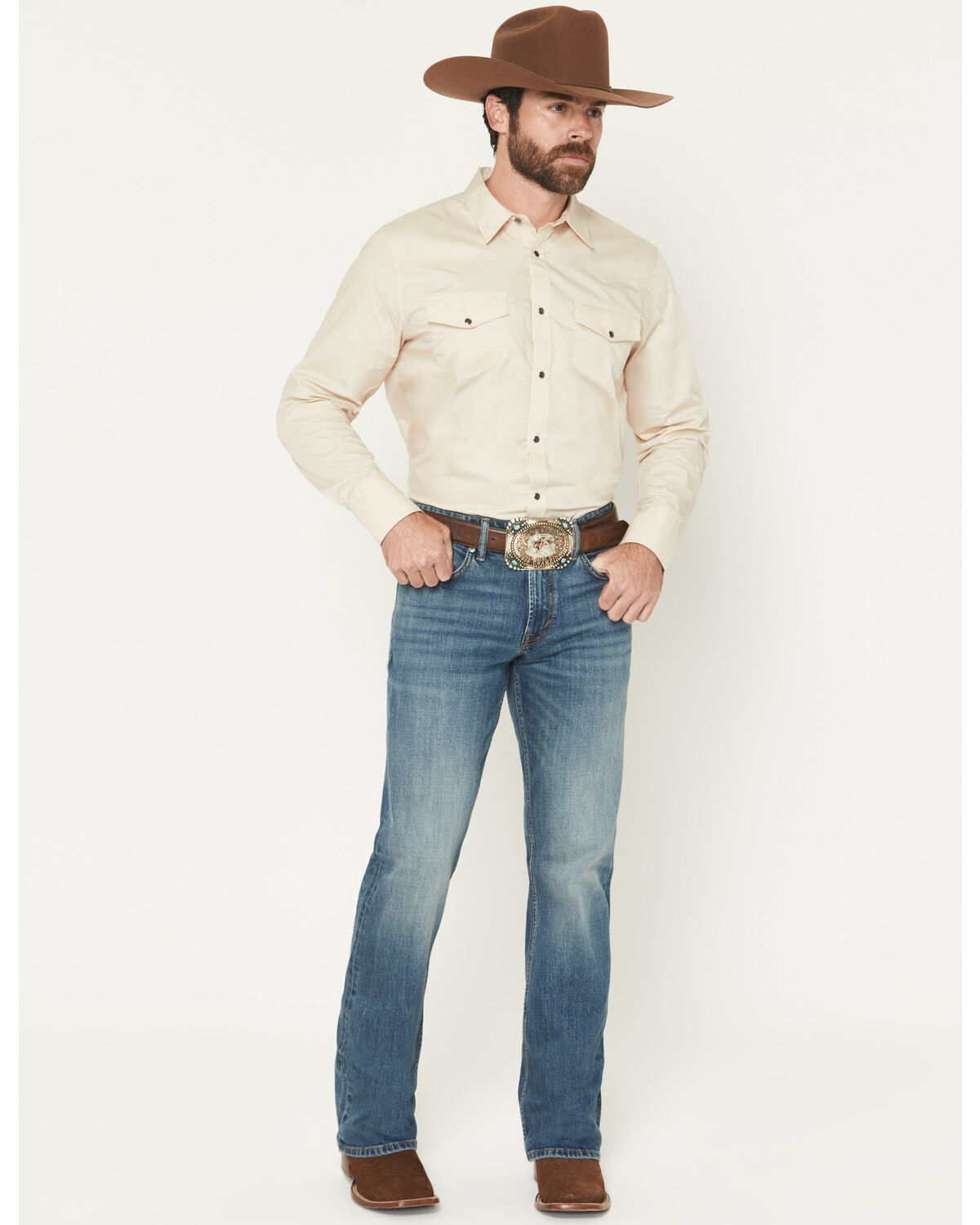 Image #1 - RANK 45&reg; Men's Roughstock Roadrunner Wash Brock Relaxed Bootcut Performance Stretch Denim Jeans, Medium Wash, hi-res