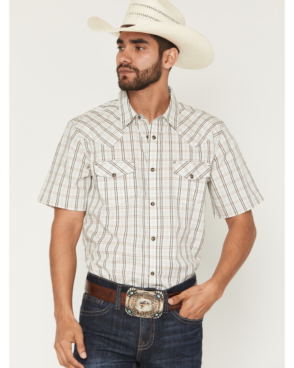 Image #1 - Gibson Trading Co Men's Southern Trail Plaid Print Short Sleeve Snap Western Shirt, Cream, hi-res