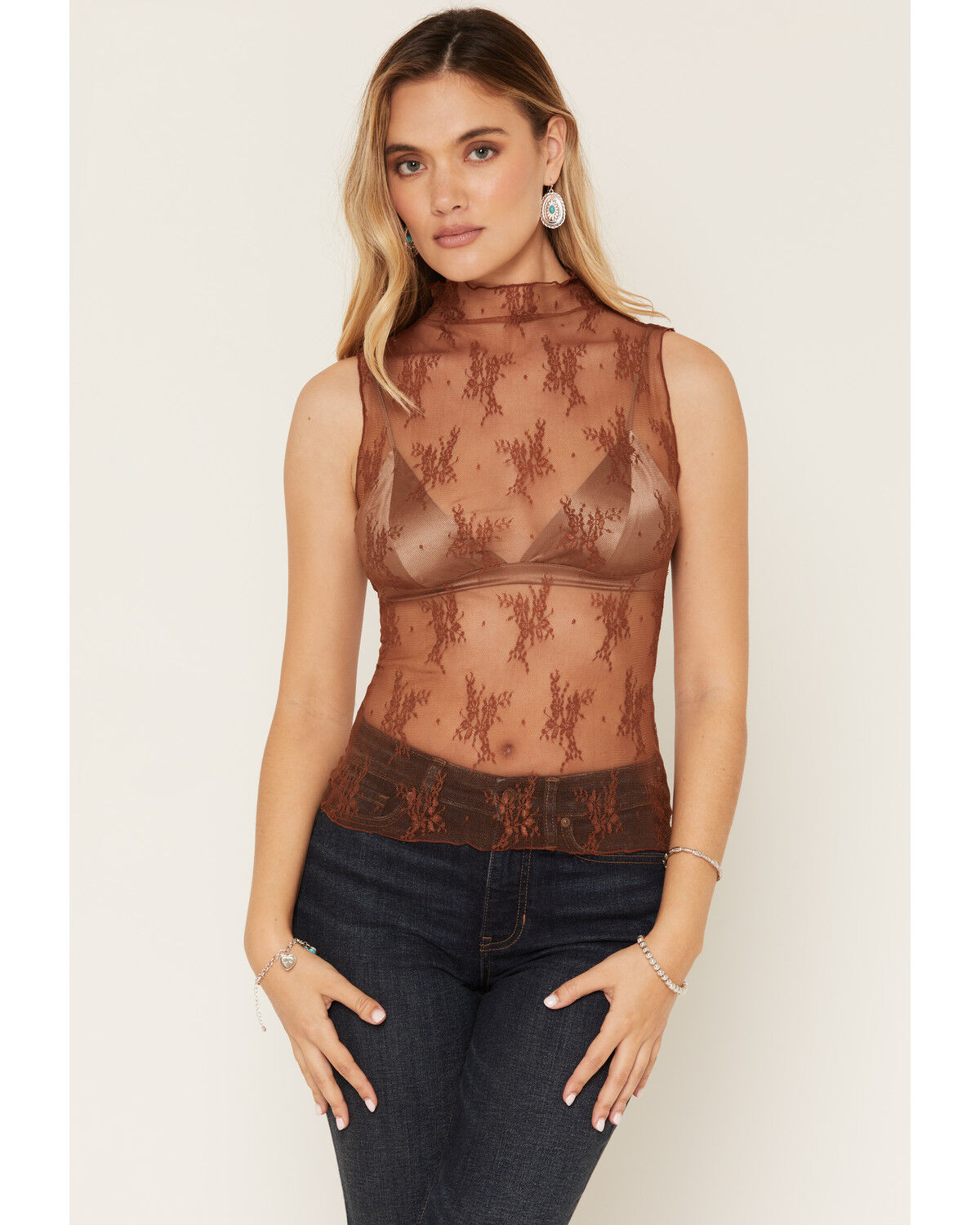 Image #1 - By Together Women's Lace Sleeveless Tank Top, Brown, hi-res