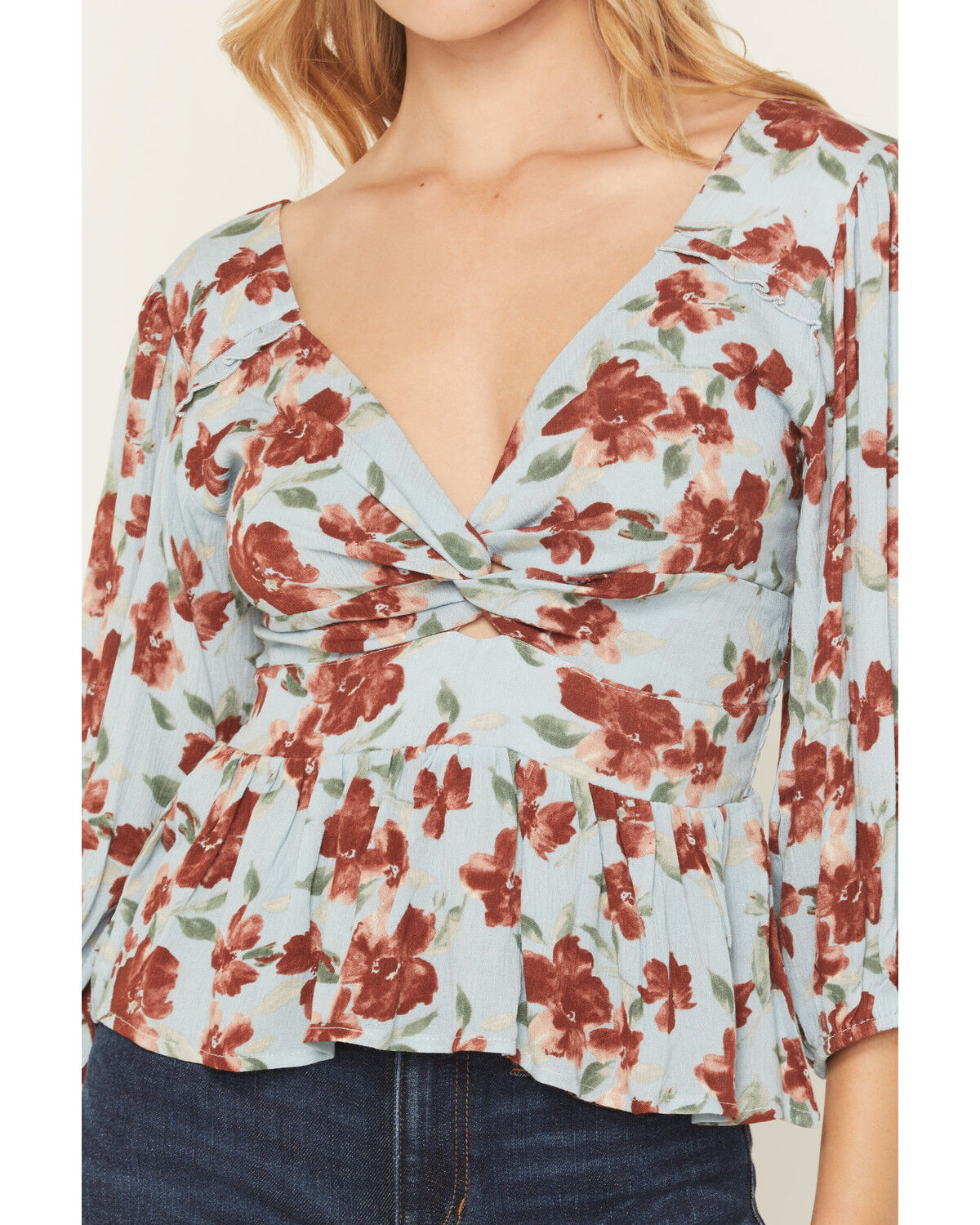 Image #3 - Wild Moss Women's Floral Knot Front Print Top, Blue, hi-res