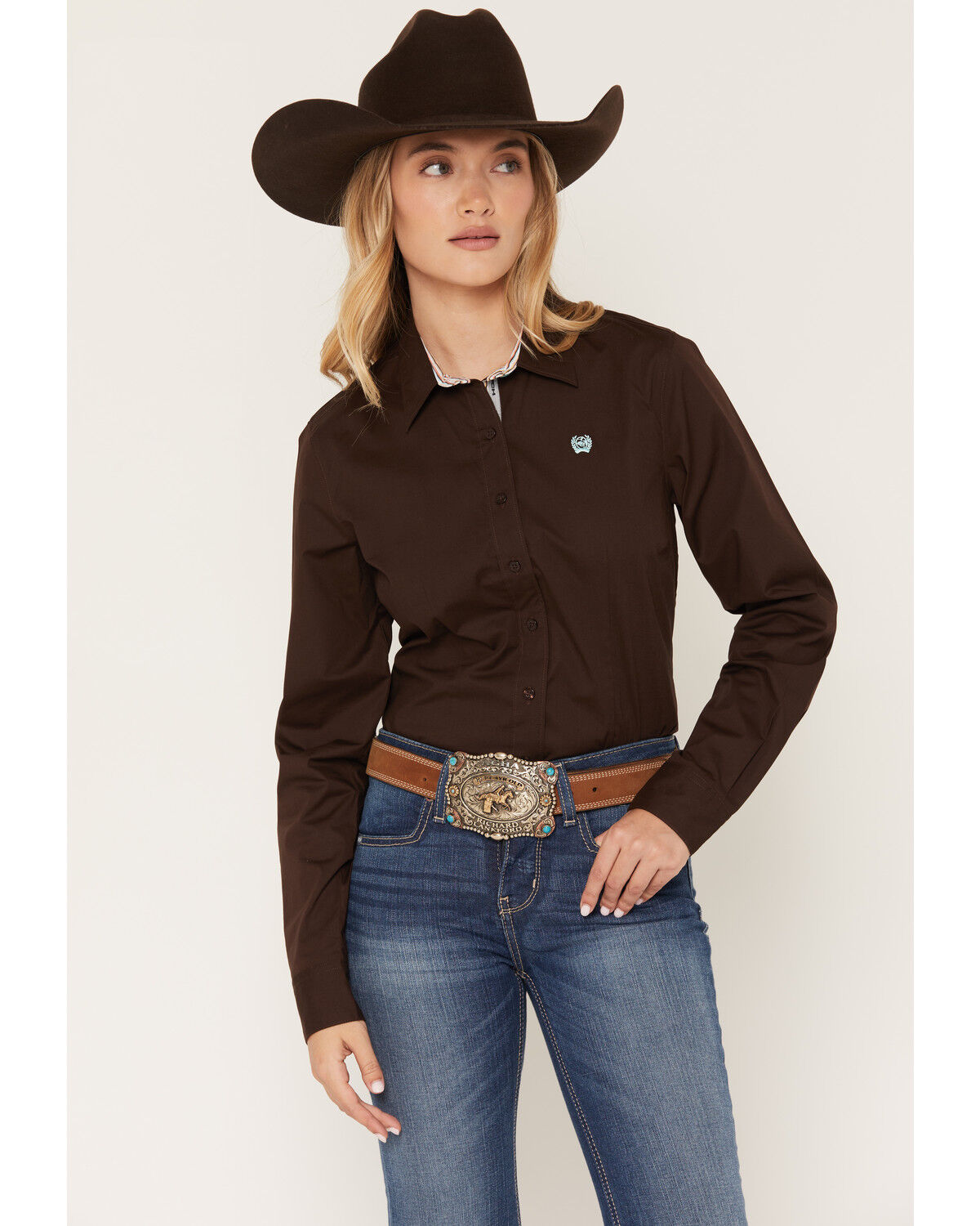 Image #1 - Cinch Women's Solid Long Sleeve Button-Down Western Shirt, Brown, hi-res