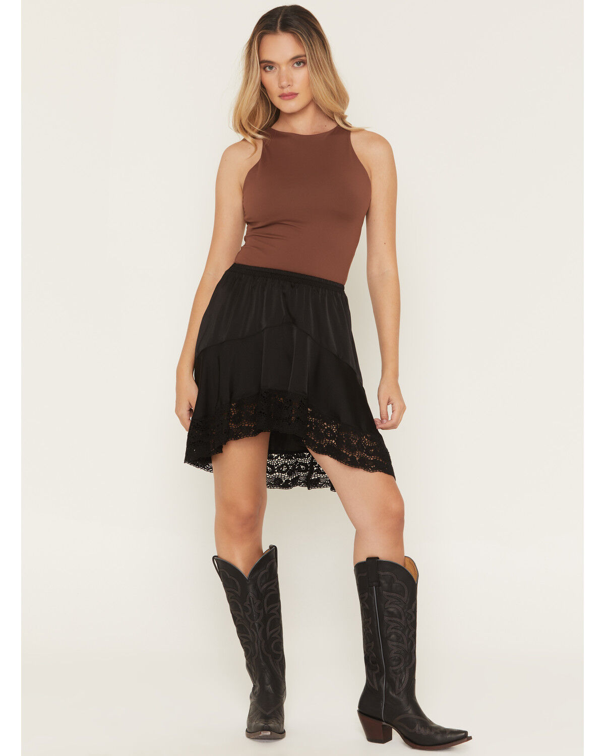 Wild Moss Women's Lace Trim Slip Mini Skirt, Black, hi-res