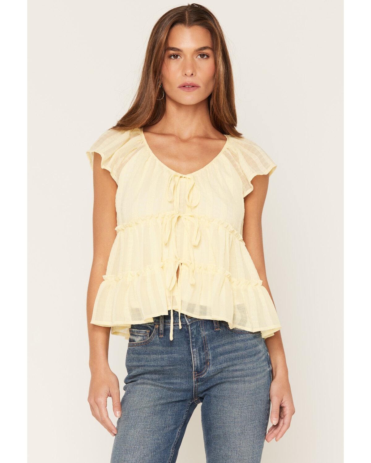 Image #1 - Ash & Violet Women's Short Sleeve Tie-Front Tiered Blouse, Yellow, hi-res
