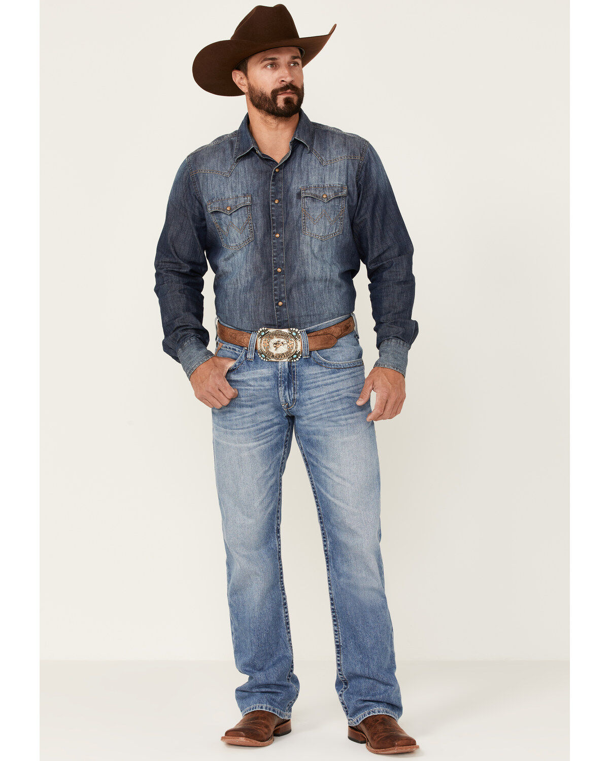 Ariat Men's M4 Dallas Goldfield Light Wash Relaxed Bootcut Jeans, Blue, hi-res