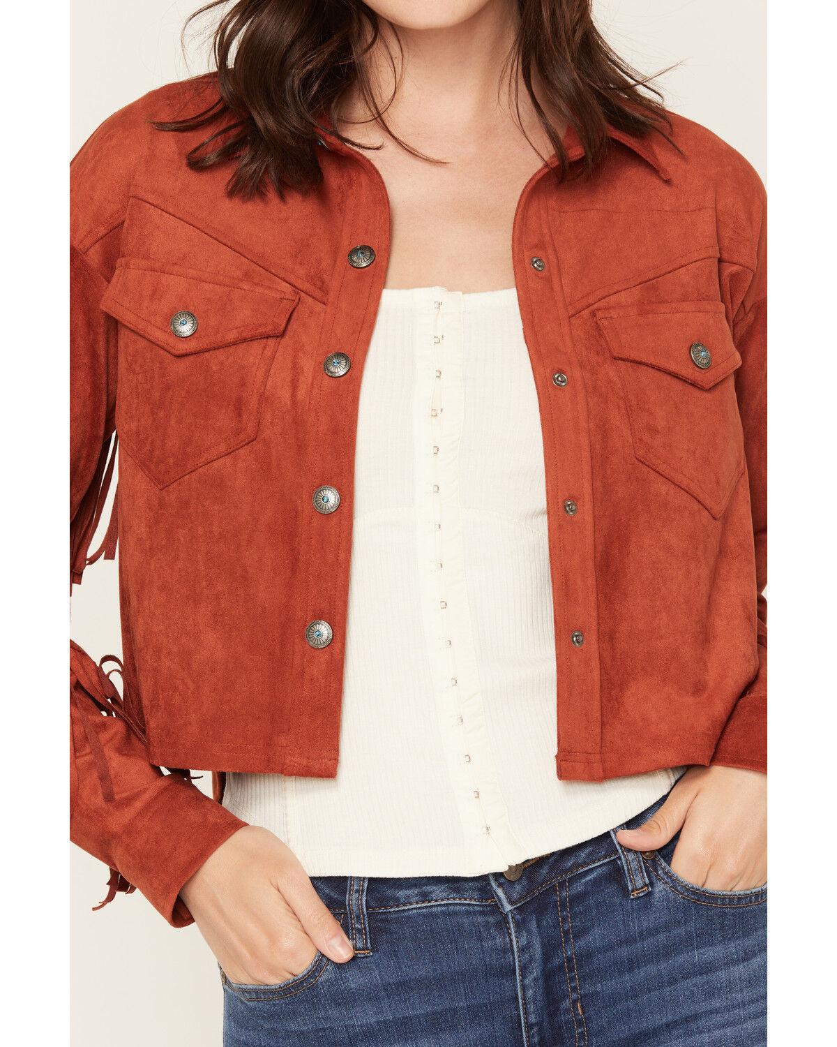 Image #3 - Shyanne Women's Sierra Faux Suede Trucker Jacket, Brick Red, hi-res