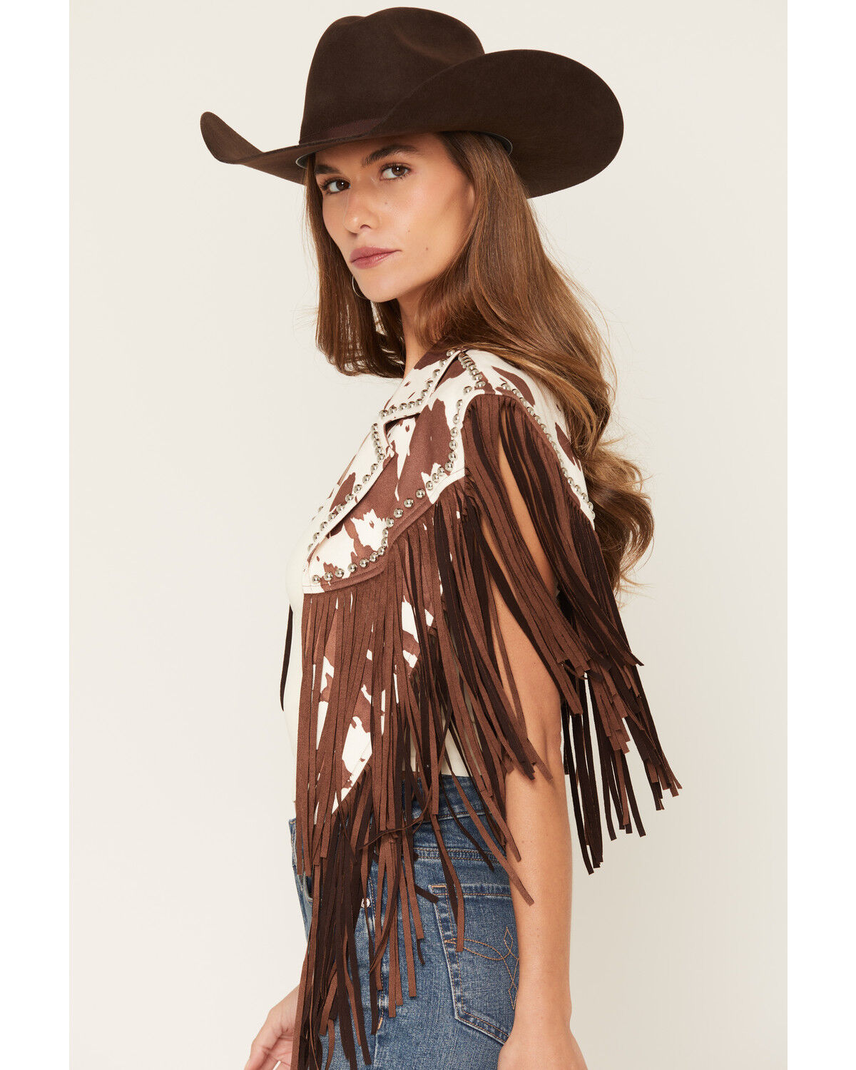 Image #2 - Saints & Hearts Women's Cow Print Studded Fringe Capelet, Brown, hi-res