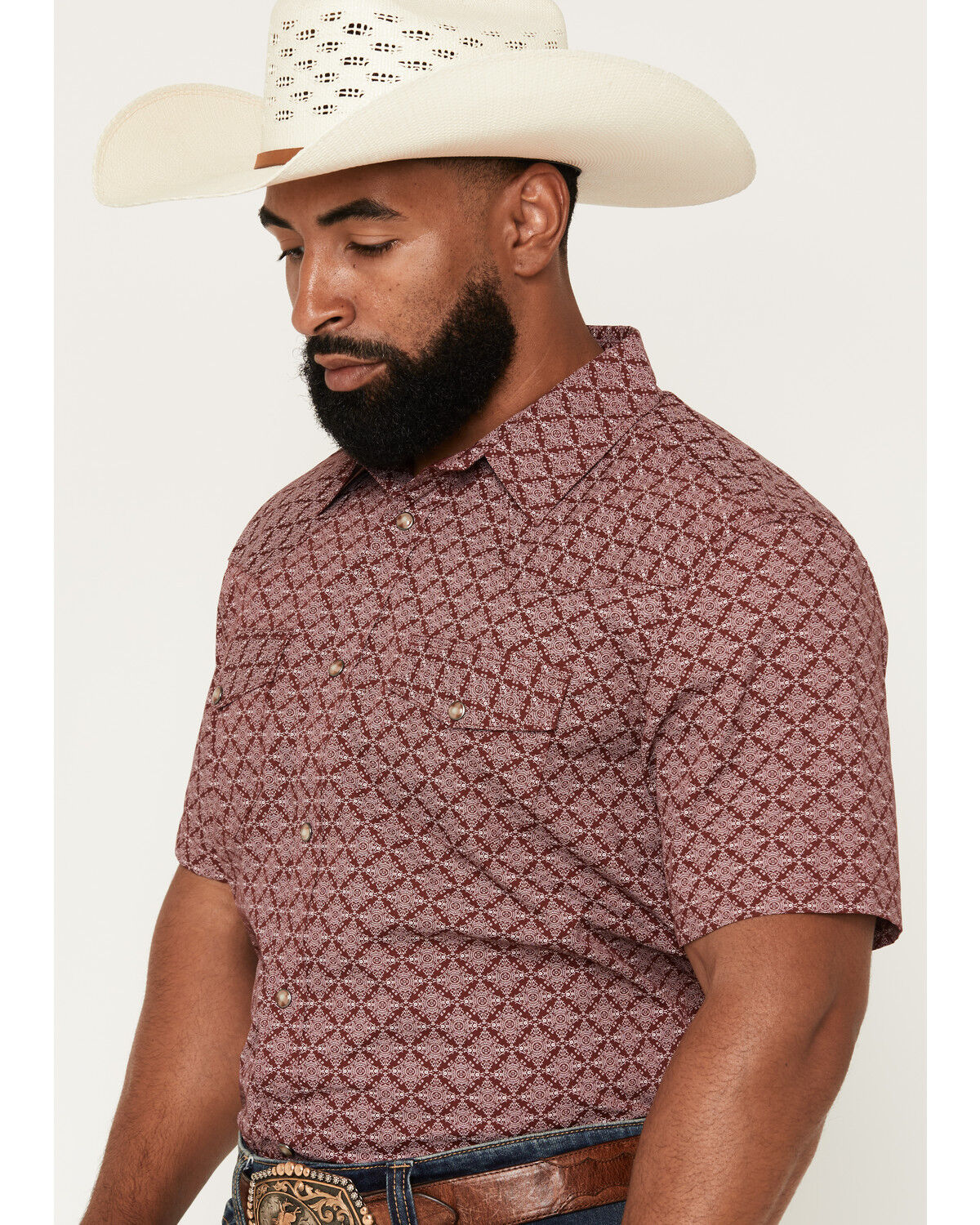 Image #2 - Gibson Trading Co Men's Gypsy Den Medallion Print Short Sleeve Snap Western Shirt, Burgundy, hi-res